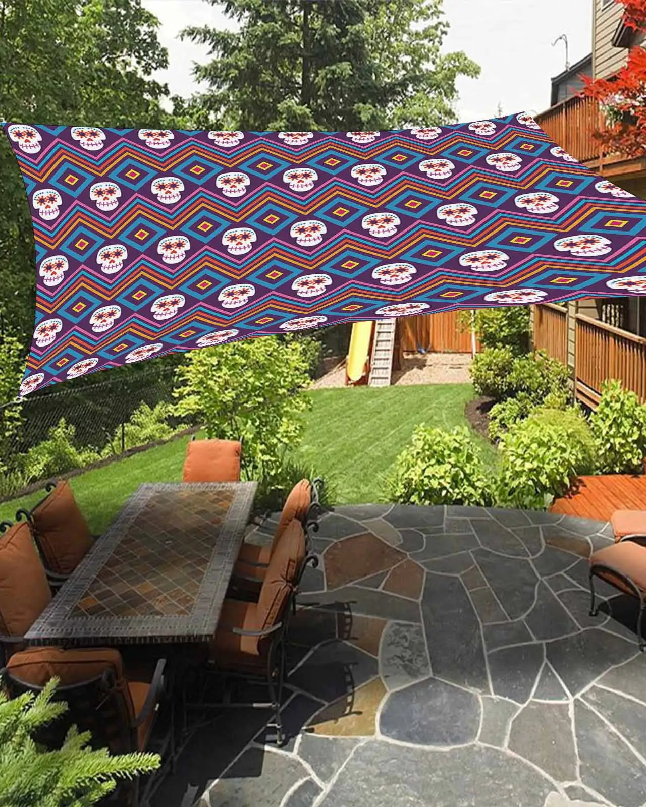 Sun Shade Sail 12x16Ft Mexico Skull Geometric Rectangle Wavy Lines Bohemia Purple Uv Block Sunshade Canopy Outdoor Shade Cover Rectangle Shade Cloth For Patio Garden Yard Deck Pergola