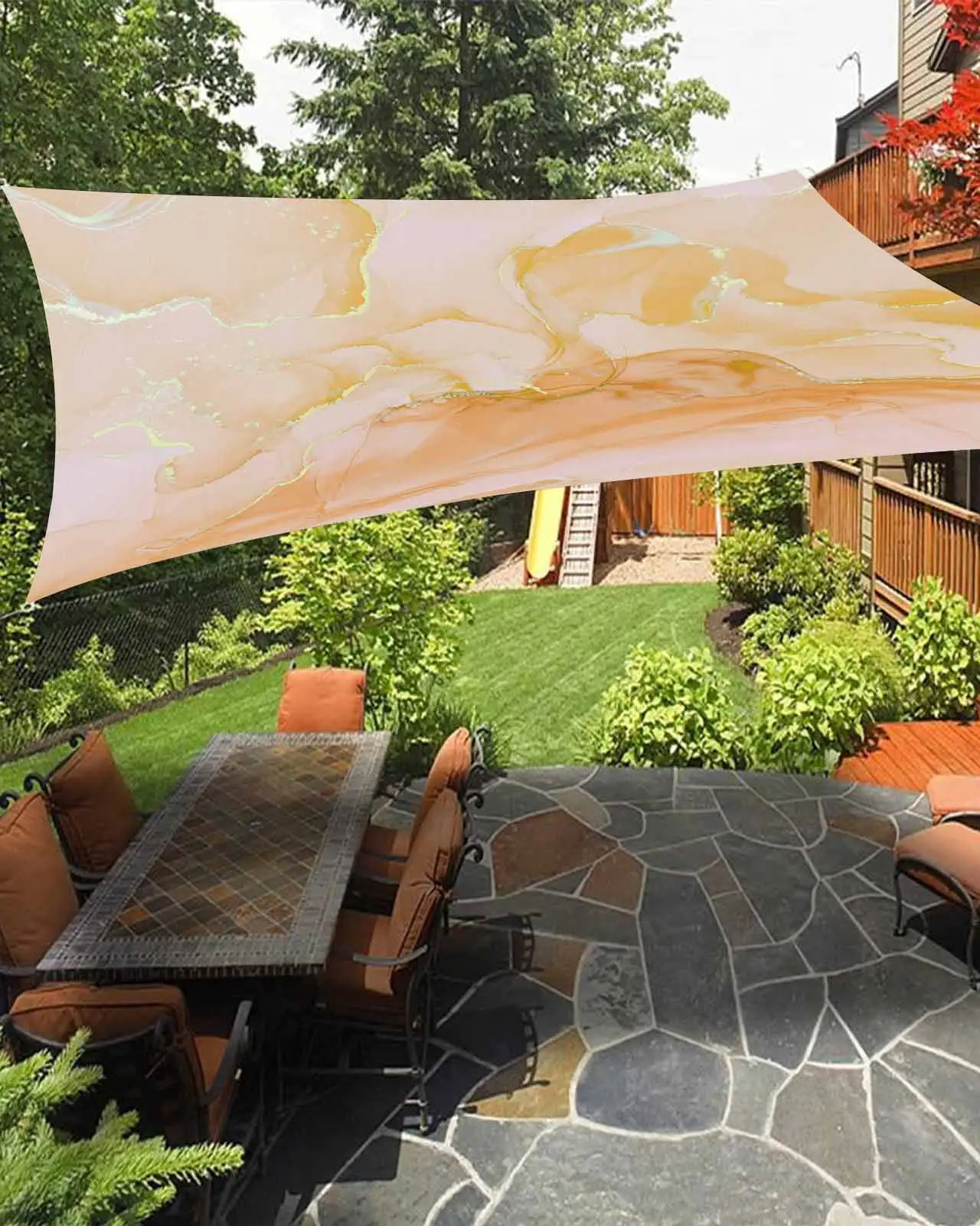 Sun Shade Sail 12x16Ft Minimalist Marble Pattern Orange Uv Block Sunshade Canopy Outdoor Shade Cover Rectangle Shade Cloth For Patio Garden Yard Deck Pergola