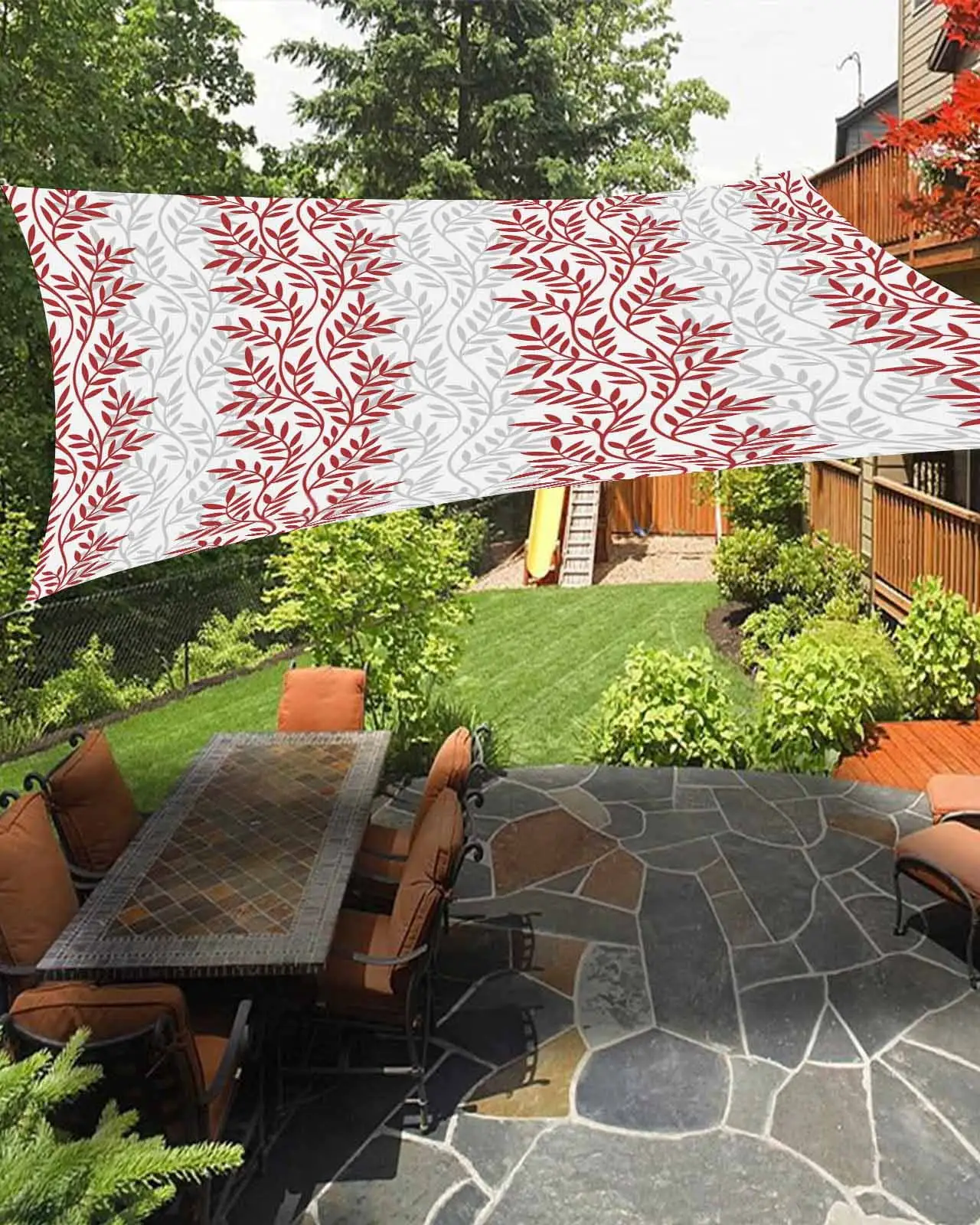 Sun Shade Sail 12x16Ft Modern Red Leaf Pattern Art Design Uv Block Sunshade Canopy Outdoor Shade Cover Rectangle Shade Cloth For Patio Garden Yard Deck Pergola