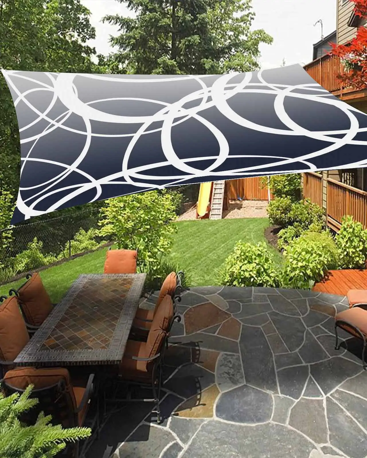 Sun Shade Sail 12x16Ft Navy Blue Grey Modern Art Geometric Circles Abstract Uv Block Sunshade Canopy Outdoor Shade Cover Rectangle Shade Cloth For Patio Garden Yard Deck Pergola