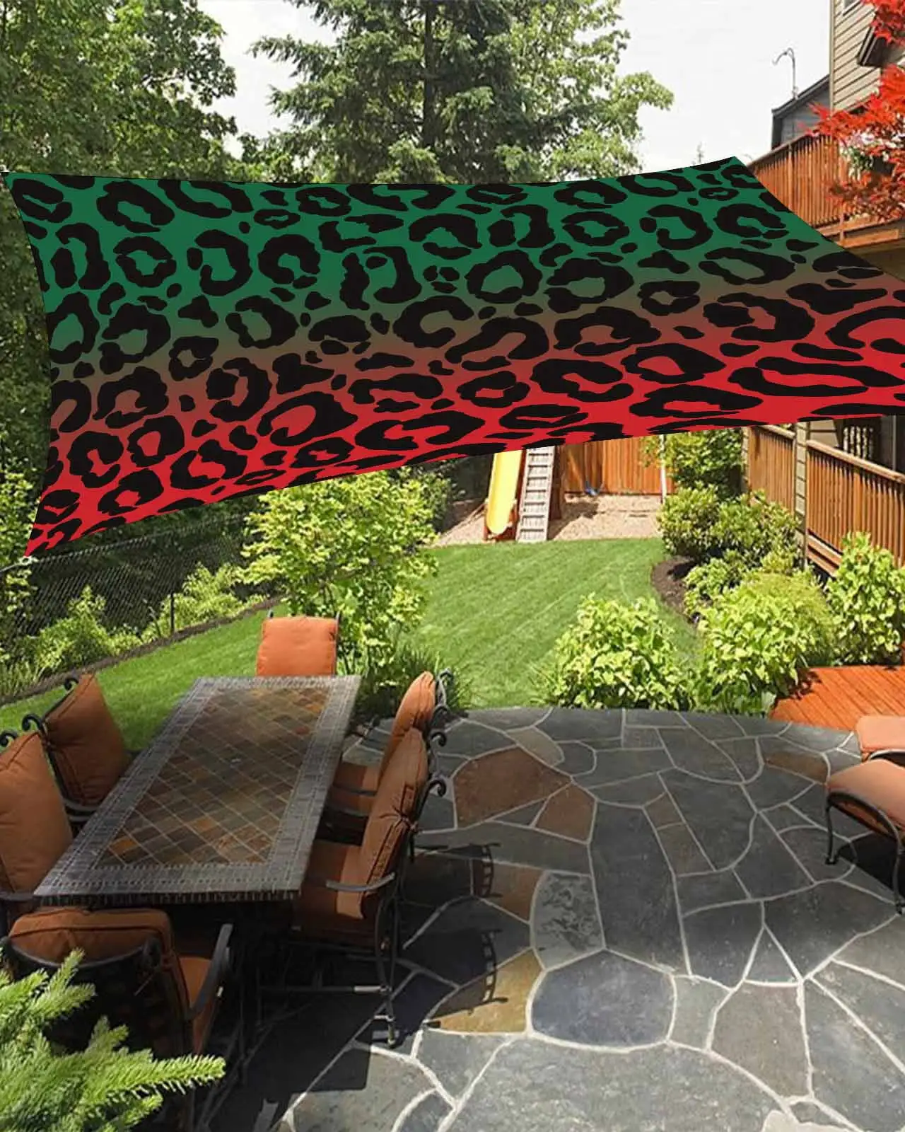 Sun Shade Sail 12x16Ft Ombre Leopard Print Green to Red Gradient Uv Block Sunshade Canopy Outdoor Shade Cover Rectangle Shade Cloth For Patio Garden Yard Deck Pergola