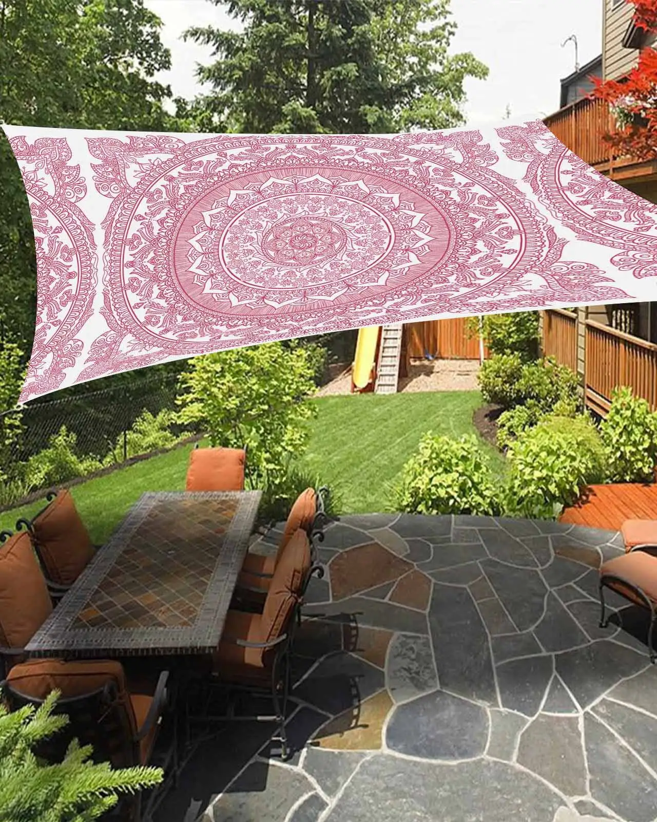 Sun Shade Sail 12x16Ft Pink Mandala Flower Bohemian Uv Block Sunshade Canopy Outdoor Shade Cover Rectangle Shade Cloth For Patio Garden Yard Deck Pergola