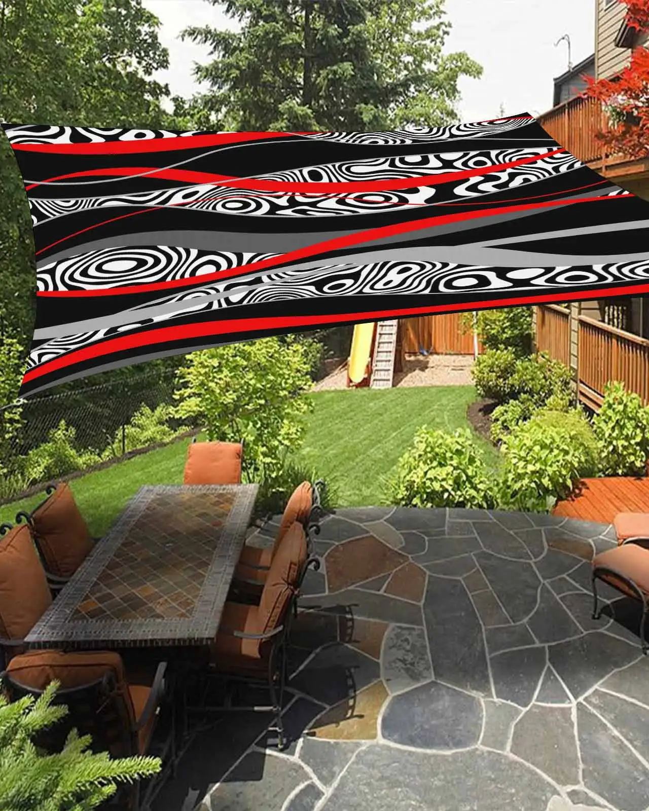 Sun Shade Sail 12x16Ft Red Black Grey Abstrasct Wavy Stripes Uv Block Sunshade Canopy Outdoor Shade Cover Rectangle Shade Cloth For Patio Garden Yard Deck Pergola