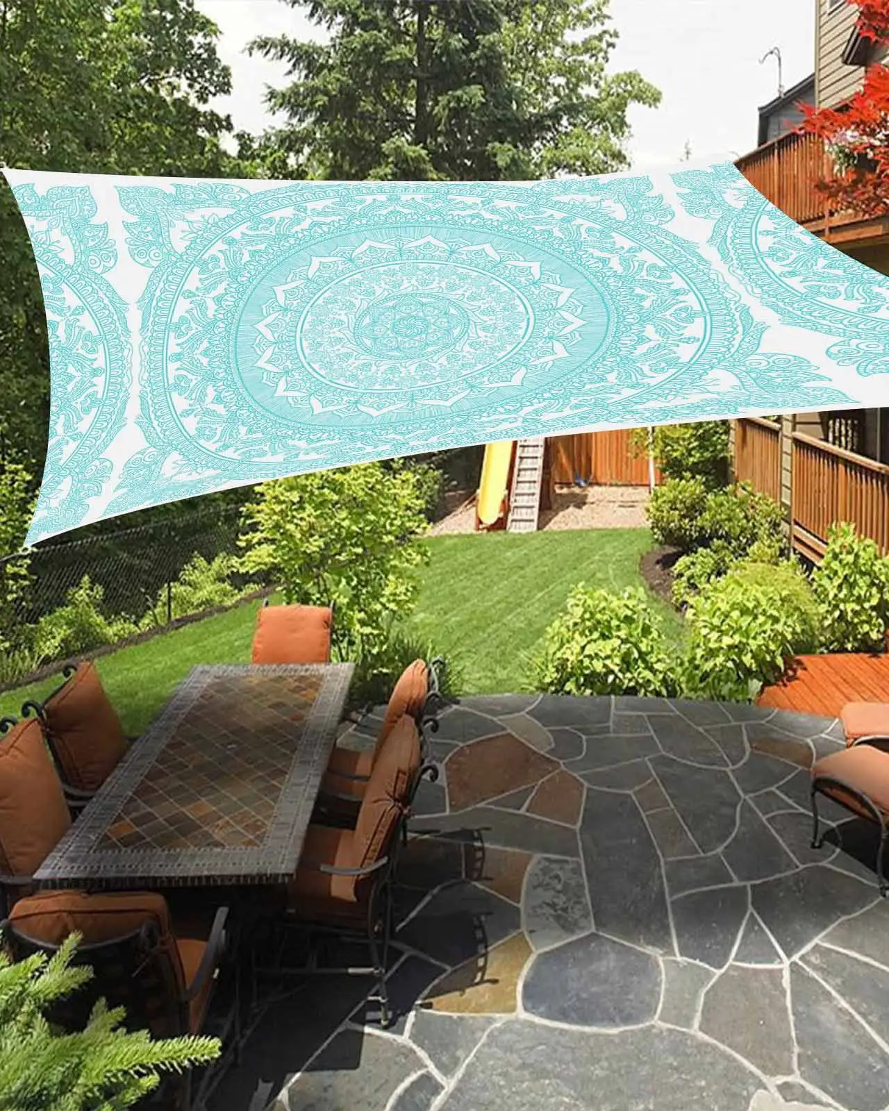 Sun Shade Sail 12x16Ft Turquoise Mandala Floral Bohemian Pattern Uv Block Sunshade Canopy Outdoor Shade Cover Rectangle Shade Cloth For Patio Garden Yard Deck Pergola