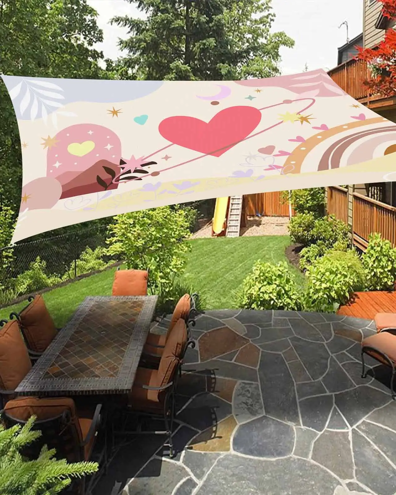 Sun Shade Sail 12x16Ft Valentines Day Love Heart Floral Plant Abstract Bohemian Uv Block Sunshade Canopy Outdoor Shade Cover Rectangle Shade Cloth For Patio Garden Yard Deck Pergola