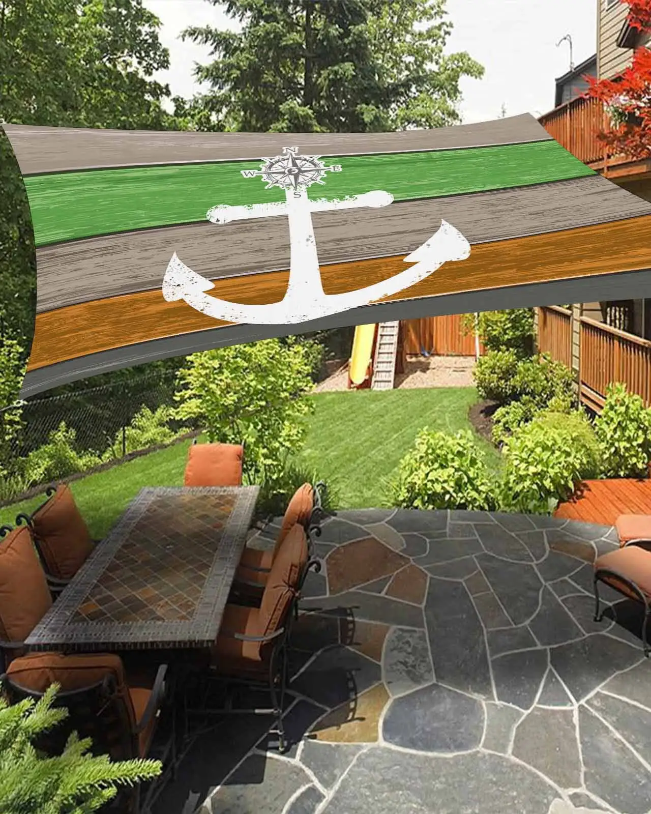 Sun Shade Sail 12x16Ft White Anchor Compass Farm Barn Earth Color Wood Plank Uv Block Sunshade Canopy Outdoor Shade Cover Rectangle Shade Cloth For Patio Garden Yard Deck Pergola