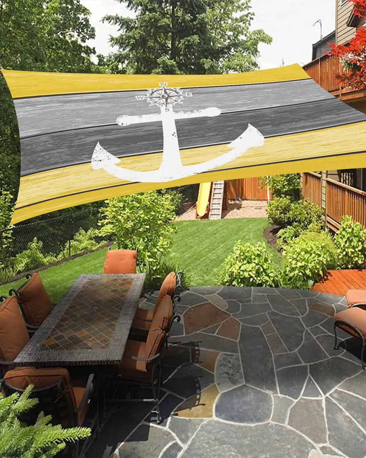 Sun Shade Sail 12x16Ft White Anchor Compass Farm Barn Gray Yellow Wood Plank Uv Block Sunshade Canopy Outdoor Shade Cover Rectangle Shade Cloth For Patio Garden Yard Deck Pergola