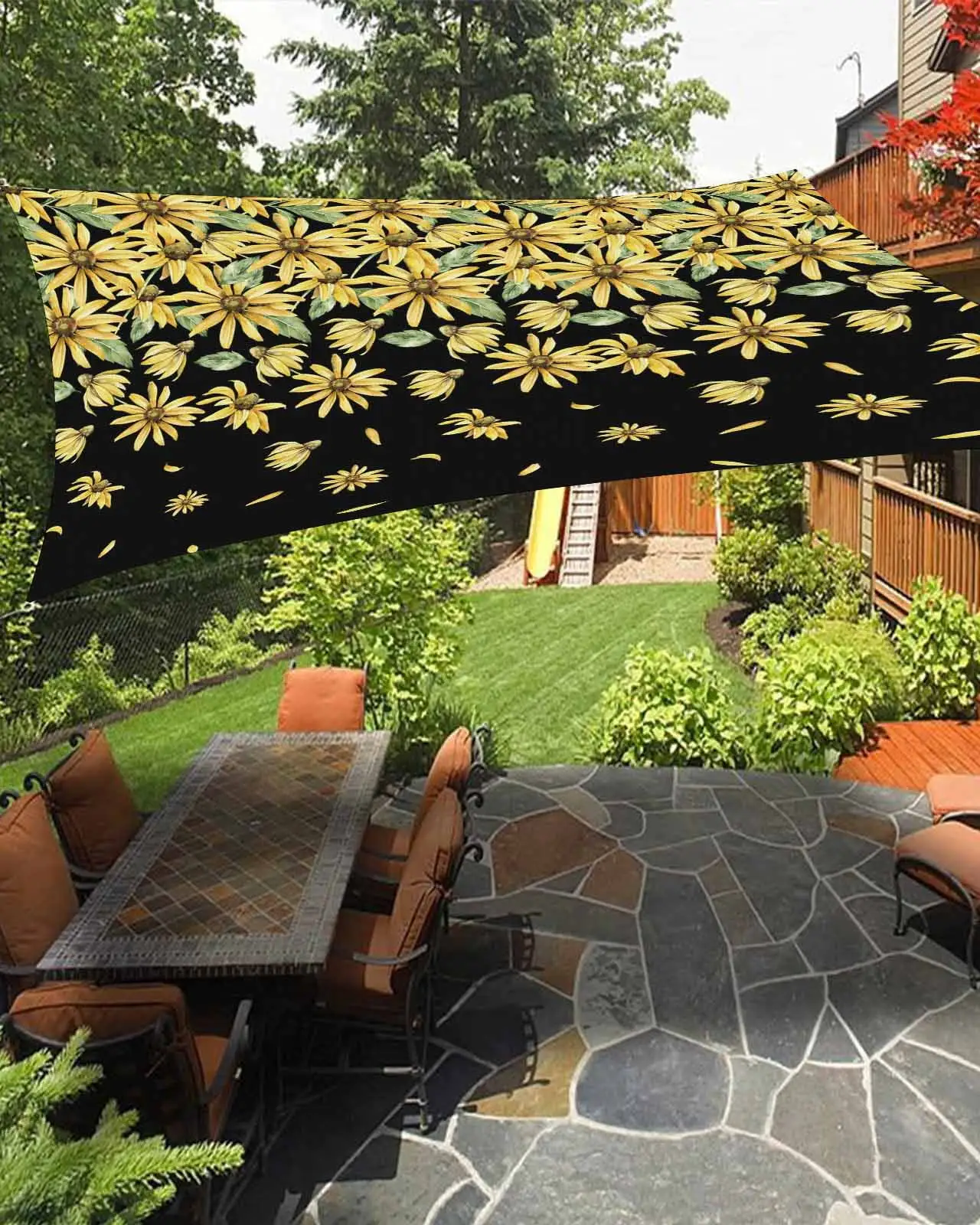 Sun Shade Sail 14x18Ft Flowers Yellow Daisy Green Leaves Black Uv Block Sunshade Canopy Outdoor Shade Cover Rectangle Shade Cloth For Patio Garden Yard Deck Pergola