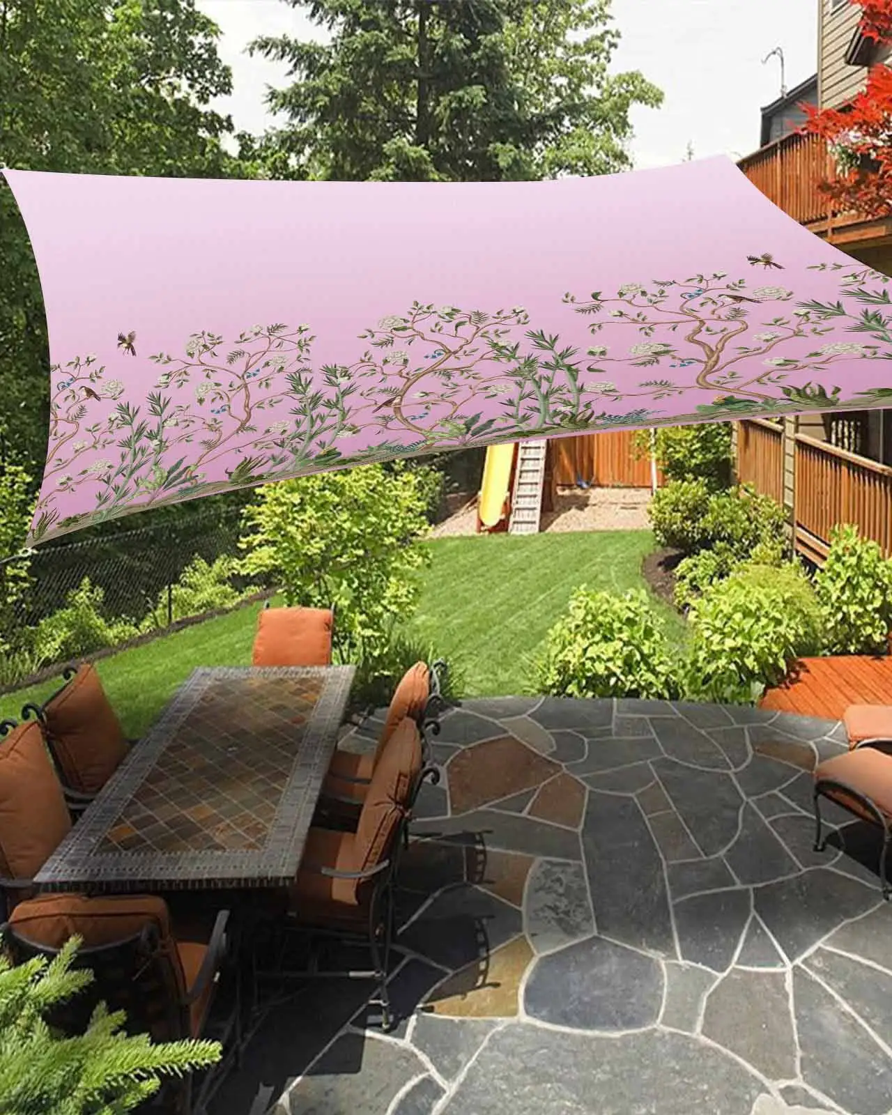 Sun Shade Sail 14x18Ft Plant Floral Birds Pink Gradient Uv Block Sunshade Canopy Outdoor Shade Cover Rectangle Shade Cloth For Patio Garden Yard Deck Pergola