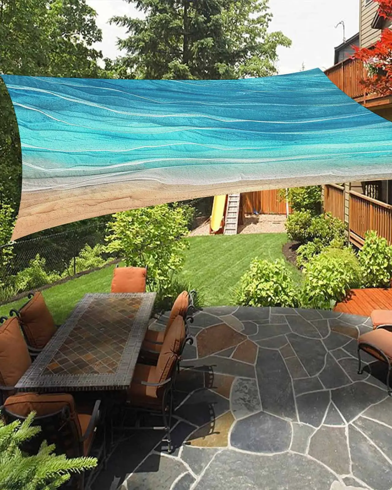 Sun Shade Sail 14x18Ft Turquoise Gradient Seaside Ocean Wave Ombre Uv Block Sunshade Canopy Outdoor Shade Cover Rectangle Shade Cloth For Patio Garden Yard Deck Pergola