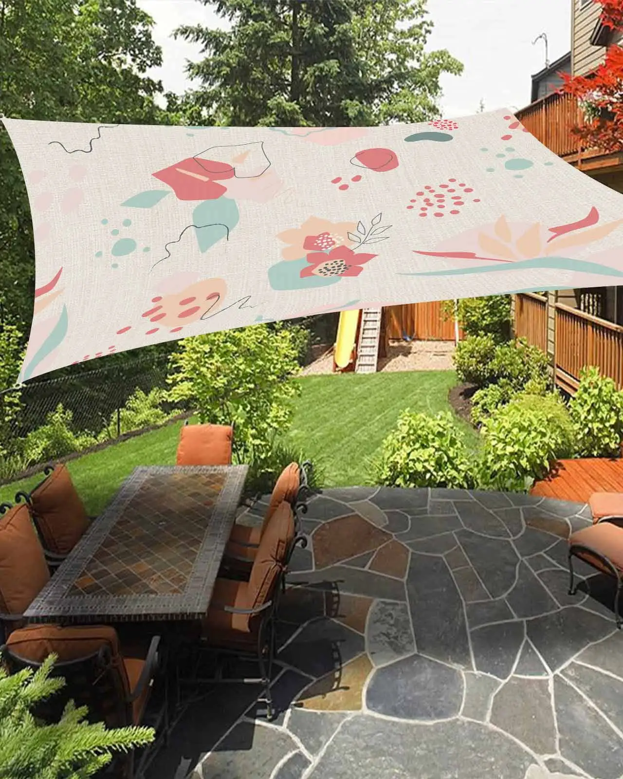 Sun Shade Sail 6.5x10Ft Abstract Art Boho Geometric Flowers Linen Uv Block Sunshade Canopy Outdoor Shade Cover Rectangle Shade Cloth For Patio Garden Yard Deck Pergola