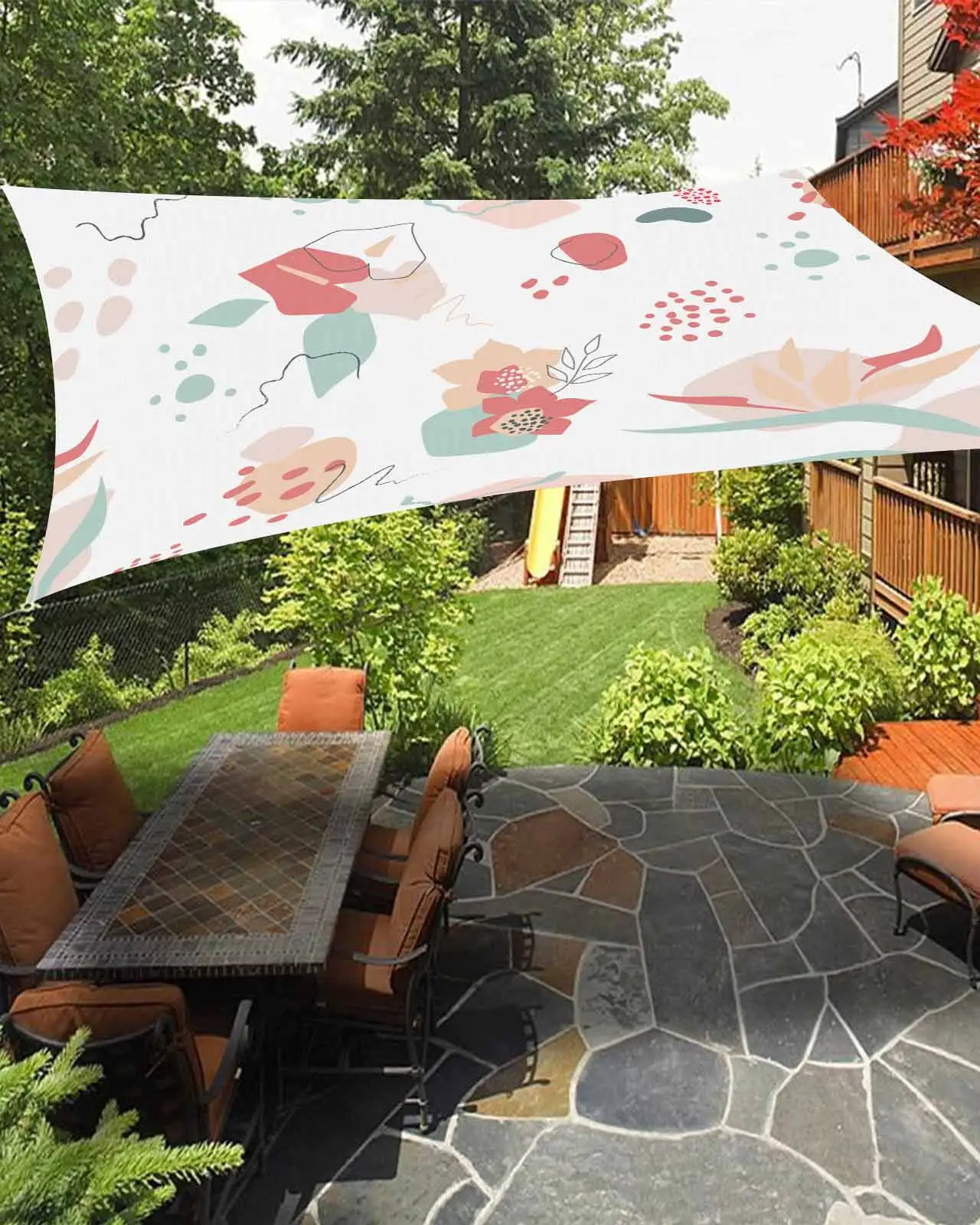 Sun Shade Sail 6.5x10Ft Abstract Art Boho Geometric Flowers Uv Block Sunshade Canopy Outdoor Shade Cover Rectangle Shade Cloth For Patio Garden Yard Deck Pergola