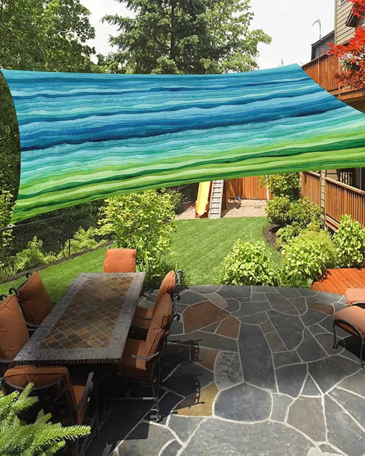 Sun Shade Sail 6.5x10Ft Blue Green Ombre Watercolor Abstract Stripe Uv Block Sunshade Canopy Outdoor Shade Cover Rectangle Shade Cloth For Patio Garden Yard Deck Pergola