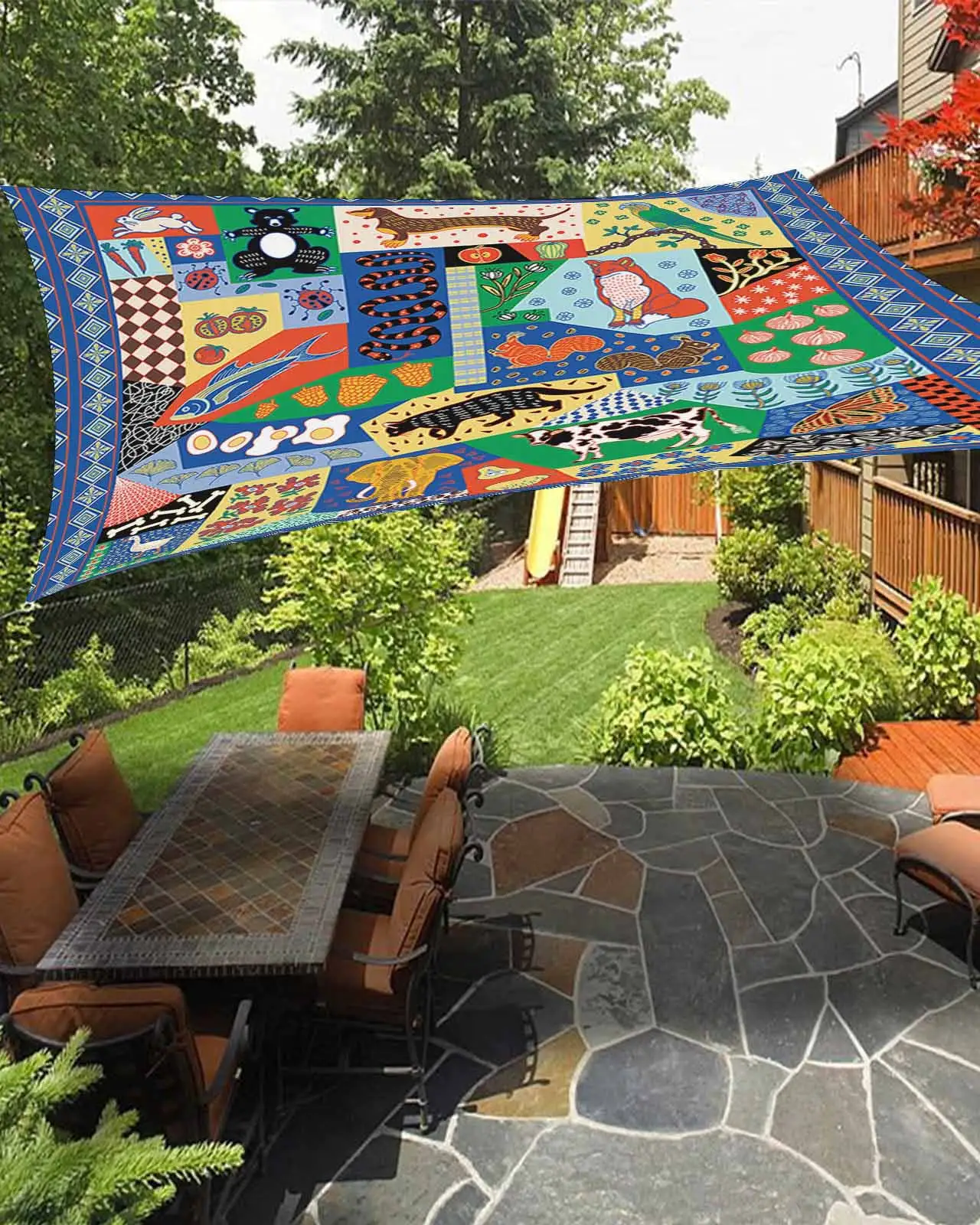 Sun Shade Sail 6.5x10Ft Bohemia Ethnic Symbols Elephant Rabbit Blue Texture Uv Block Sunshade Canopy Outdoor Shade Cover Rectangle Shade Cloth For Patio Garden Yard Deck Pergola