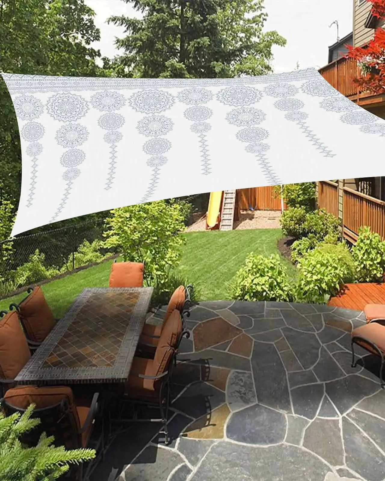 Sun Shade Sail 6.5x10Ft Bohemian Pattern Mandala Retro Ethnic Style White Uv Block Sunshade Canopy Outdoor Shade Cover Rectangle Shade Cloth For Patio Garden Yard Deck Pergola