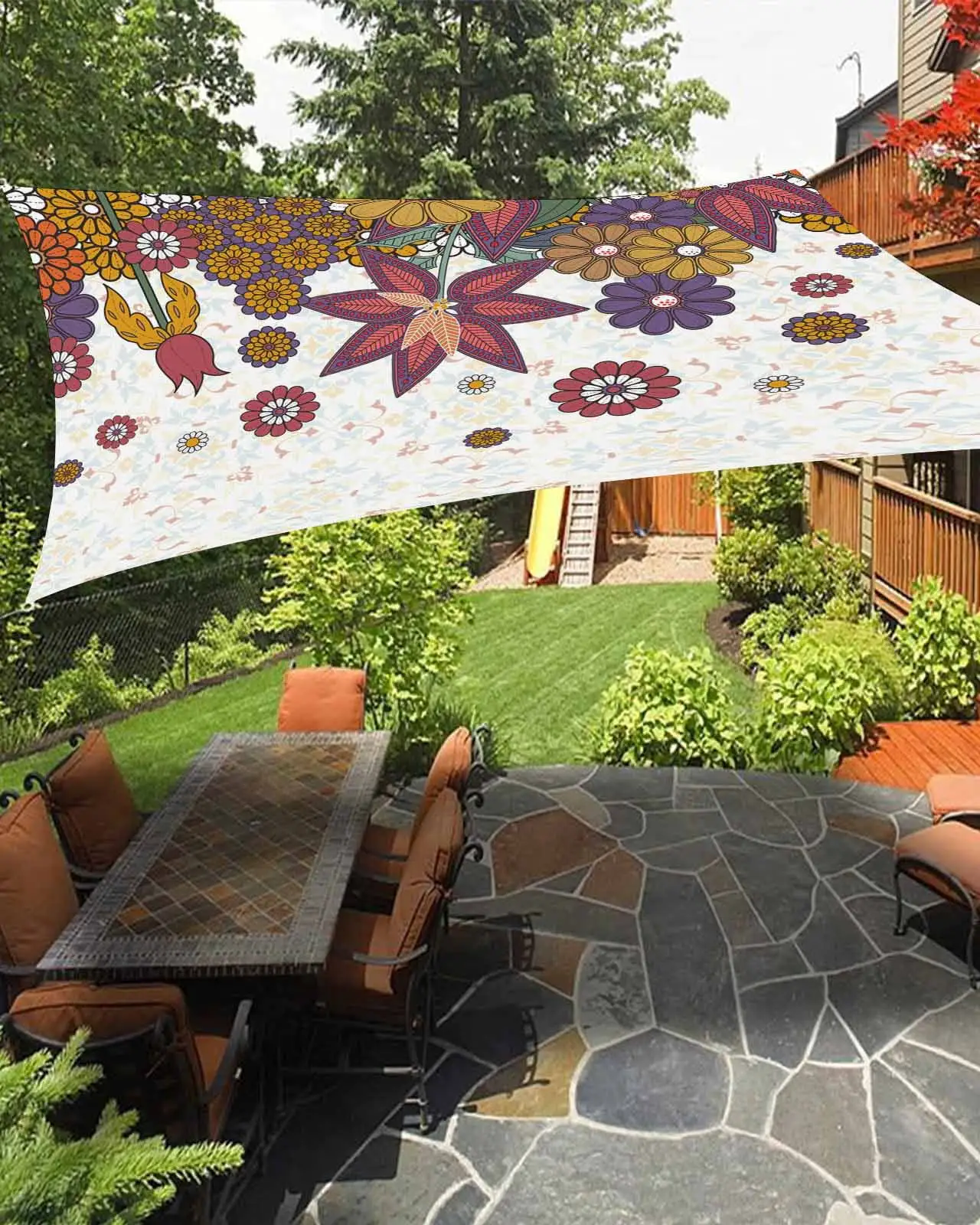 Sun Shade Sail 6.5x10Ft Bohemian Vintage Flower Pattern Uv Block Sunshade Canopy Outdoor Shade Cover Rectangle Shade Cloth For Patio Garden Yard Deck Pergola