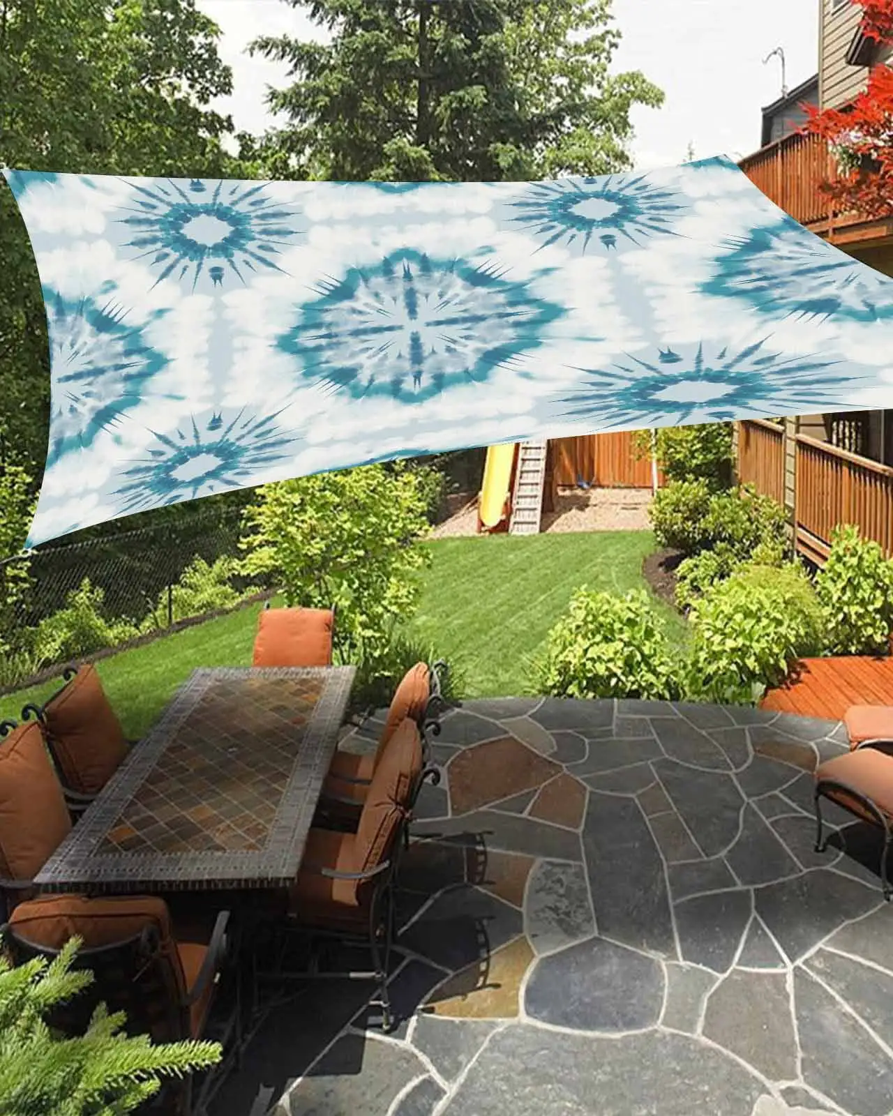 Sun Shade Sail 6.5x10Ft Boho Geomestry Watercolor Blue Uv Block Sunshade Canopy Outdoor Shade Cover Rectangle Shade Cloth For Patio Garden Yard Deck Pergola