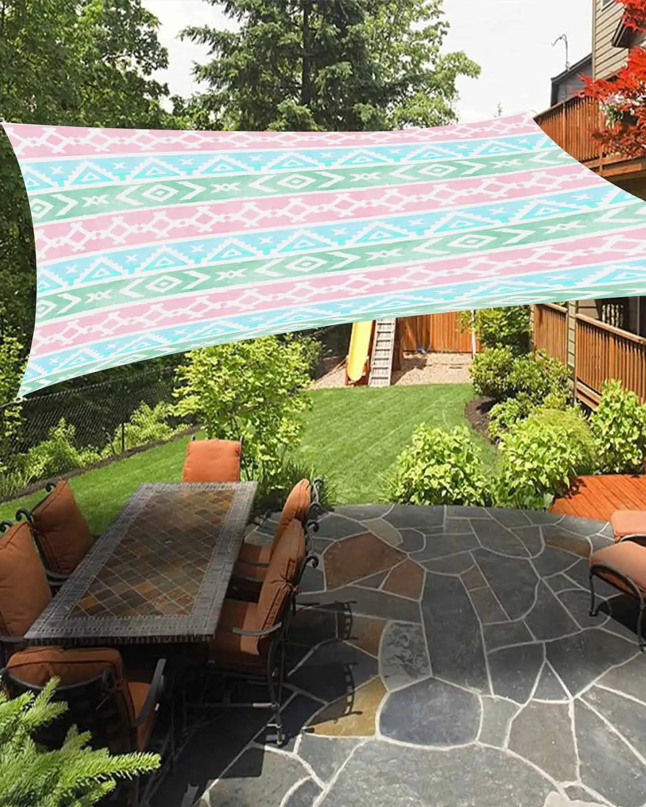 Sun Shade Sail 6.5x10Ft Boho Geometric Folk-Custom Stripes Pink Green Blue Uv Block Sunshade Canopy Outdoor Shade Cover Rectangle Shade Cloth For Patio Garden Yard Deck Pergola