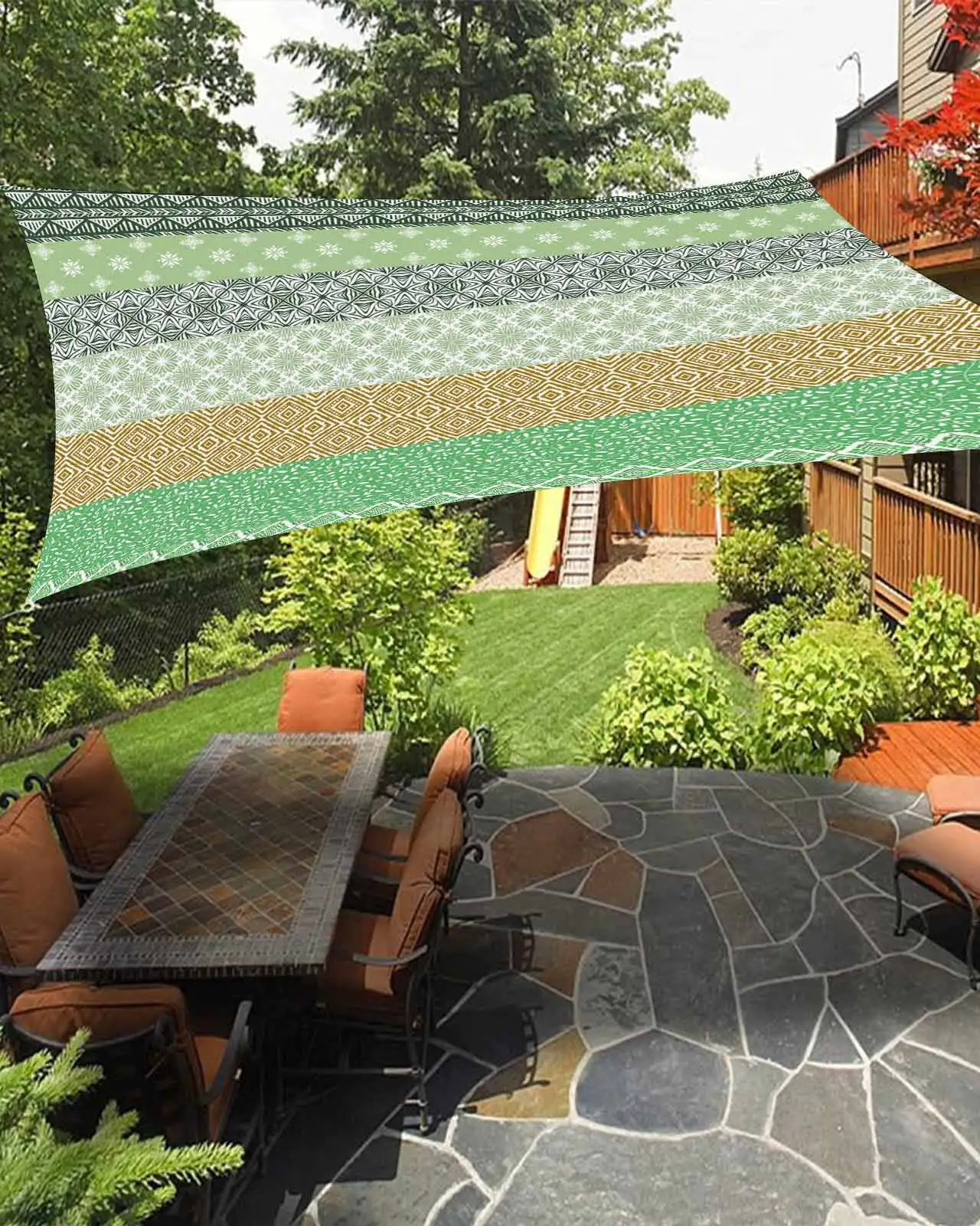 Sun Shade Sail 6.5x10Ft Boho Green and Yellow Striped Geometric Ethnic Style Uv Block Sunshade Canopy Outdoor Shade Cover Rectangle Shade Cloth For Patio Garden Yard Deck Pergola