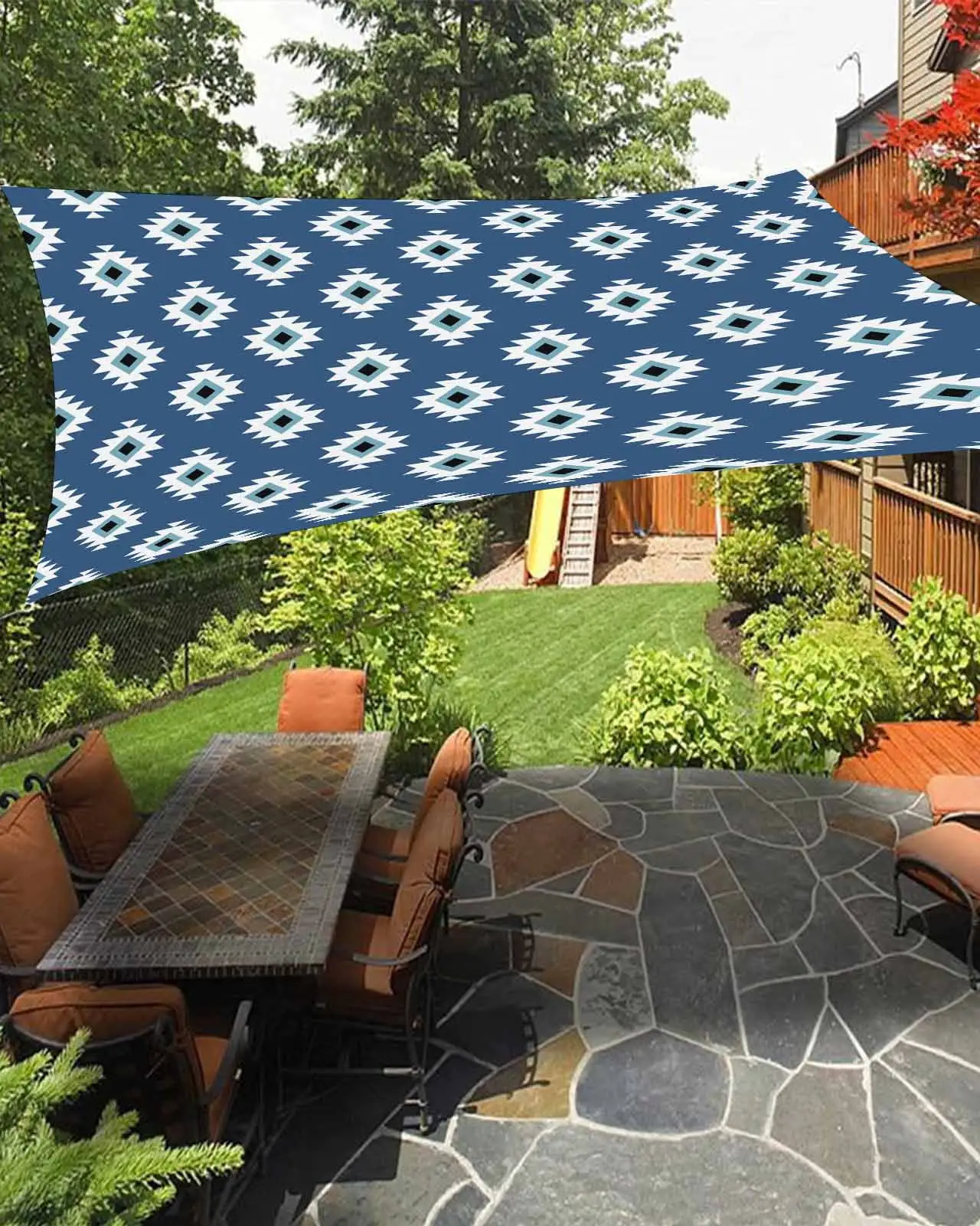 Sun Shade Sail 6.5x10Ft Boho Moroccan Geometric Blue Background Uv Block Sunshade Canopy Outdoor Shade Cover Rectangle Shade Cloth For Patio Garden Yard Deck Pergola