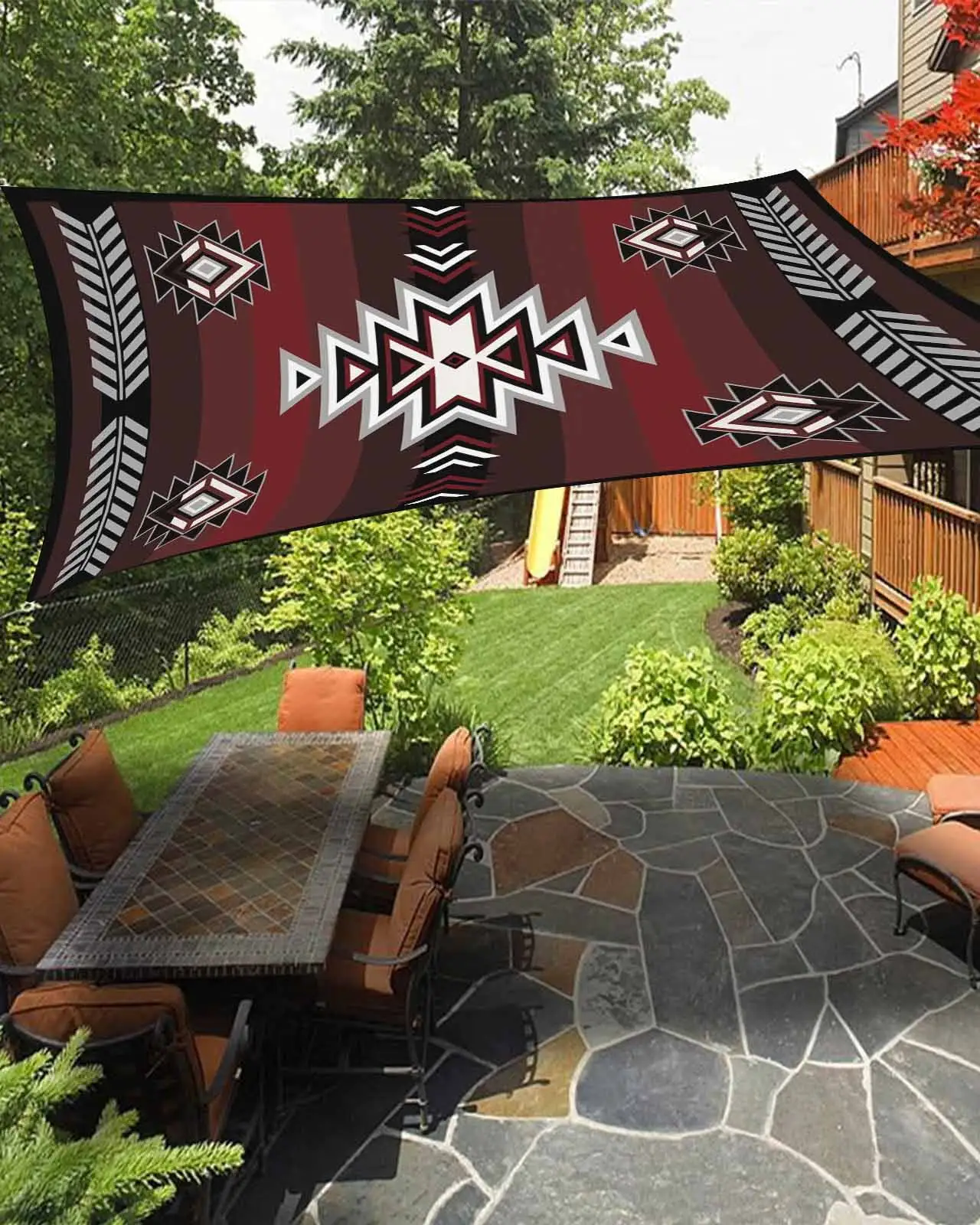 Sun Shade Sail 6.5x10Ft Boho Moroccan Red and Black Gradient Striped Geometric Uv Block Sunshade Canopy Outdoor Shade Cover Rectangle Shade Cloth For Patio Garden Yard Deck Pergola