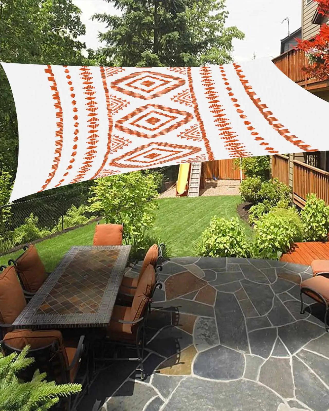 Sun Shade Sail 6.5x10Ft Boho Orange Geometric Striped Farmhouse Style Uv Block Sunshade Canopy Outdoor Shade Cover Rectangle Shade Cloth For Patio Garden Yard Deck Pergola