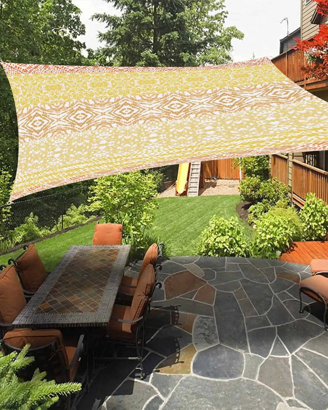 Sun Shade Sail 6.5x10Ft Boho Orange and Yellow Striped Geometric Ethnic Style Uv Block Sunshade Canopy Outdoor Shade Cover Rectangle Shade Cloth For Patio Garden Yard Deck Pergola