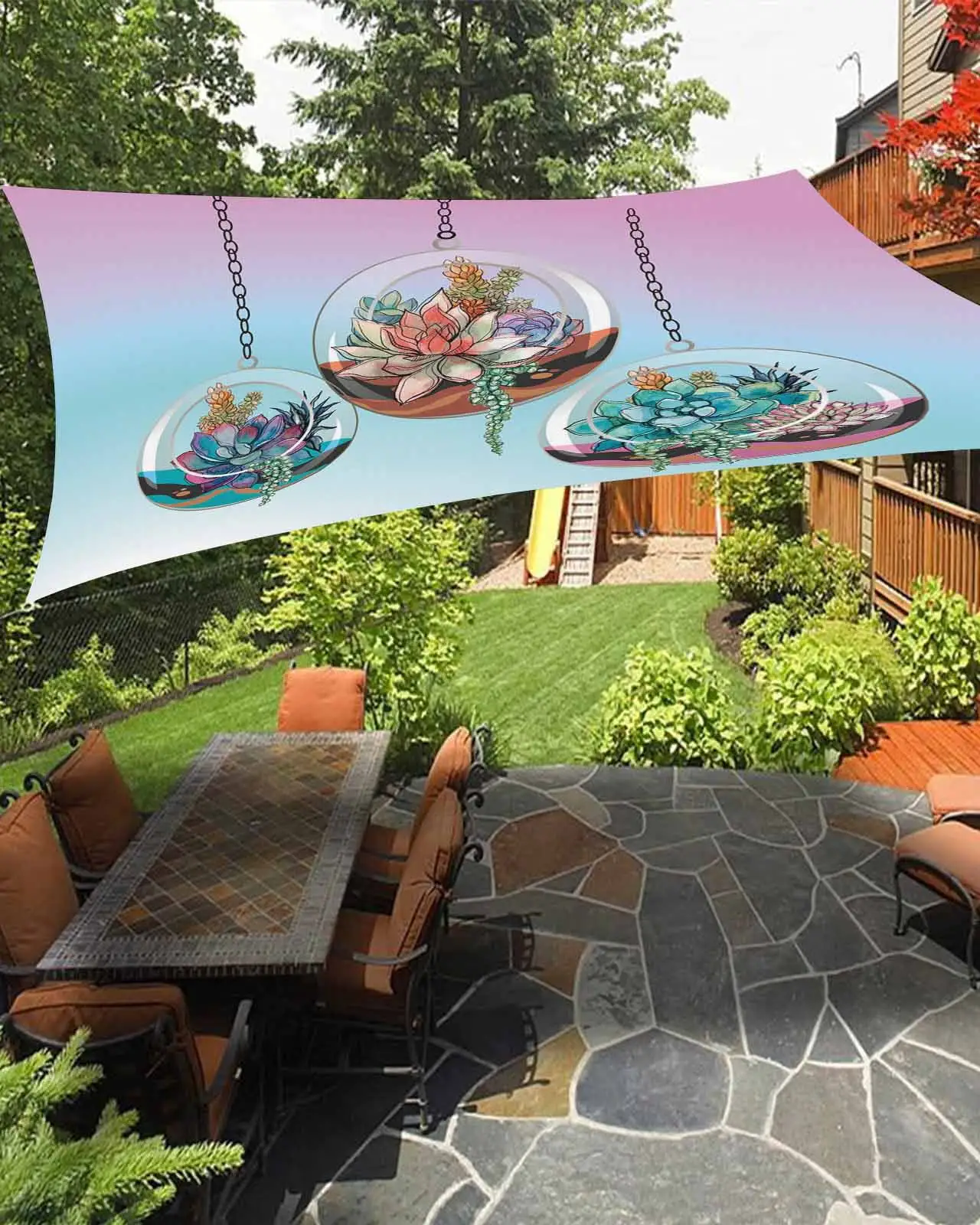 Sun Shade Sail 6.5x10Ft Cactus Succulents in Glass Ball Uv Block Sunshade Canopy Outdoor Shade Cover Rectangle Shade Cloth For Patio Garden Yard Deck Pergola