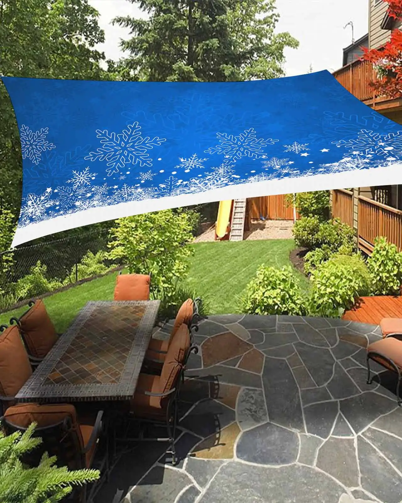 Sun Shade Sail 6.5x10Ft Christmas Cartoon Snowflakes Ombre Blue Texture Uv Block Sunshade Canopy Outdoor Shade Cover Rectangle Shade Cloth For Patio Garden Yard Deck Pergola