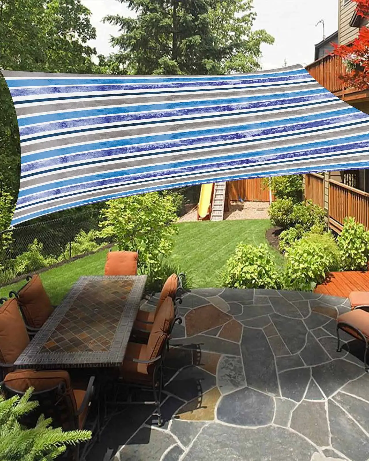 Sun Shade Sail 6.5x10Ft Colorful Stripe Gray and Blue Uv Block Sunshade Canopy Outdoor Shade Cover Rectangle Shade Cloth For Patio Garden Yard Deck Pergola