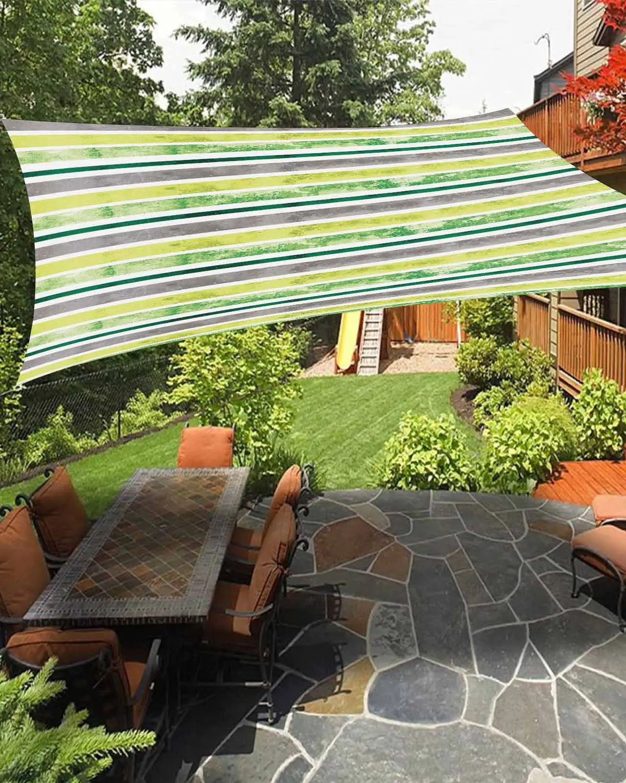 Sun Shade Sail 6.5x10Ft Colorful Stripe Green Yellow and Gray Retro Texture Uv Block Sunshade Canopy Outdoor Shade Cover Rectangle Shade Cloth For Patio Garden Yard Deck Pergola