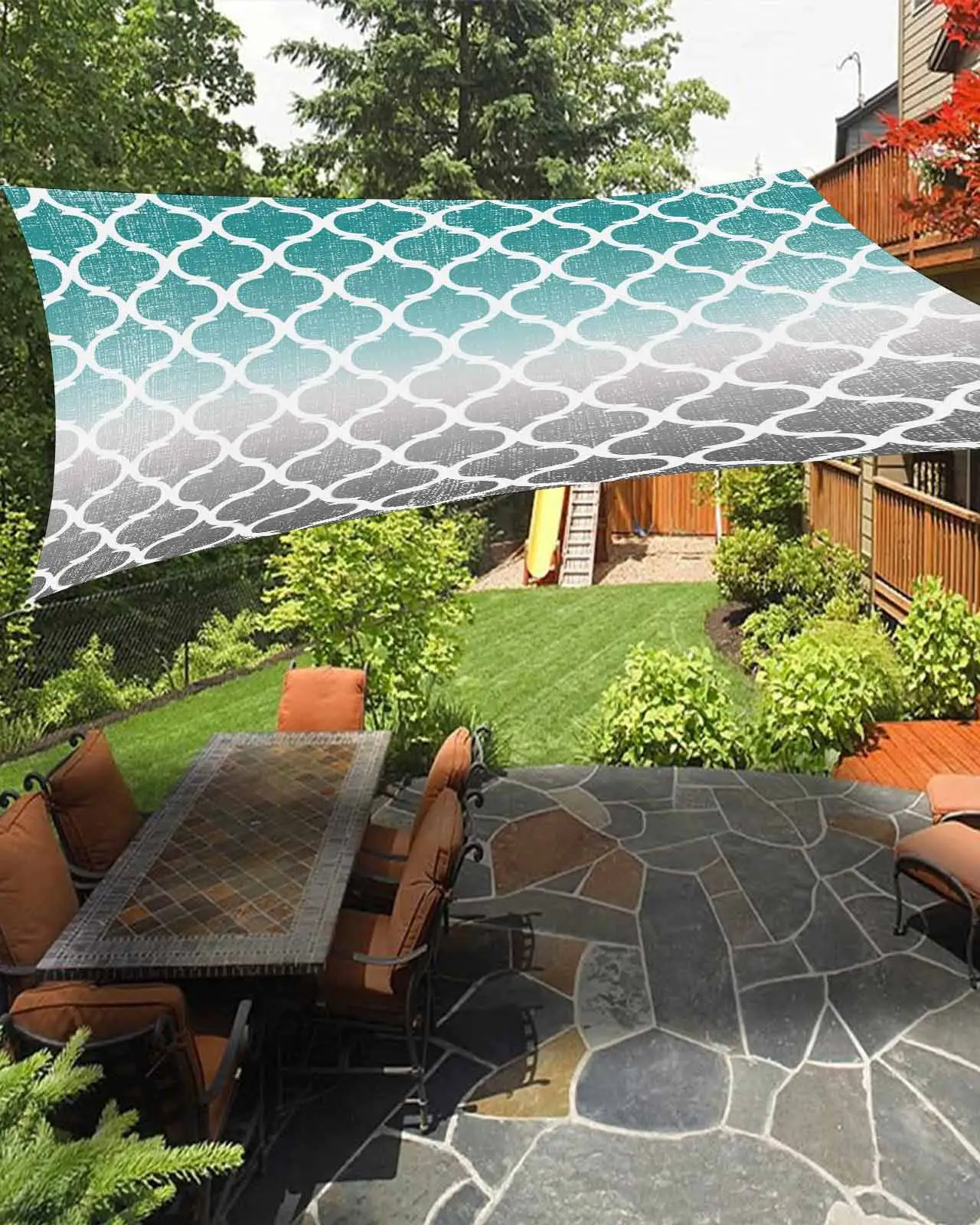 Sun Shade Sail 6.5x10Ft Cyan Turquoise Gray Gradient Retro Morocco Pattern Uv Block Sunshade Canopy Outdoor Shade Cover Rectangle Shade Cloth For Patio Garden Yard Deck Pergola