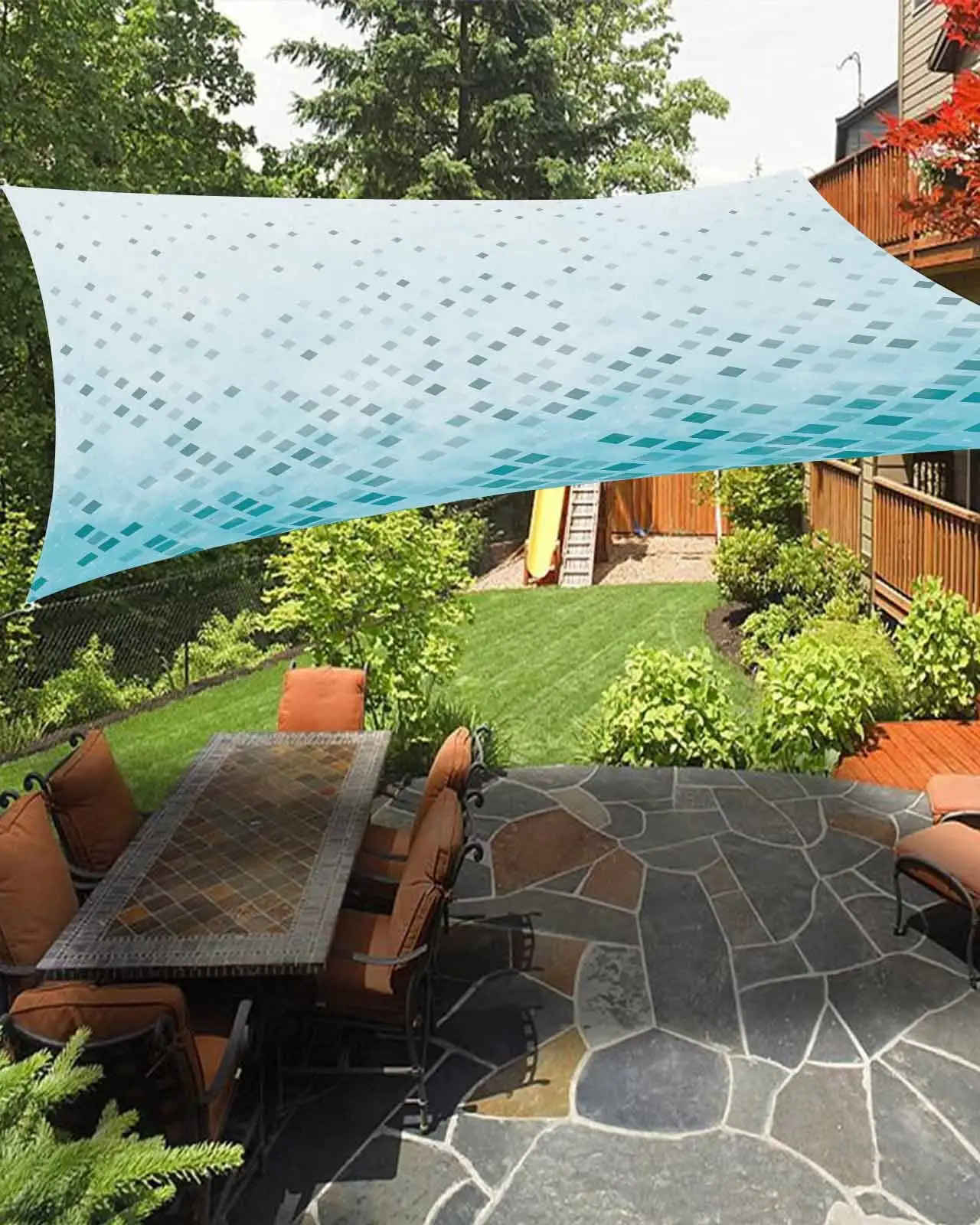 Sun Shade Sail 6.5x10Ft Geometric Blue Square Rectangle Gradient Retro Uv Block Sunshade Canopy Outdoor Shade Cover Rectangle Shade Cloth For Patio Garden Yard Deck Pergola