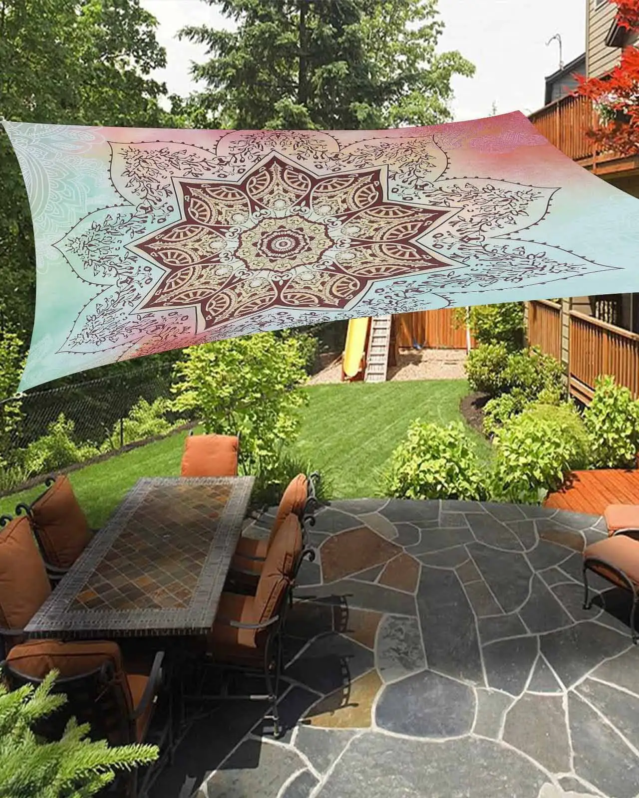 Sun Shade Sail 6.5x10Ft Mandala Gradient Floral Pattern Uv Block Sunshade Canopy Outdoor Shade Cover Rectangle Shade Cloth For Patio Garden Yard Deck Pergola