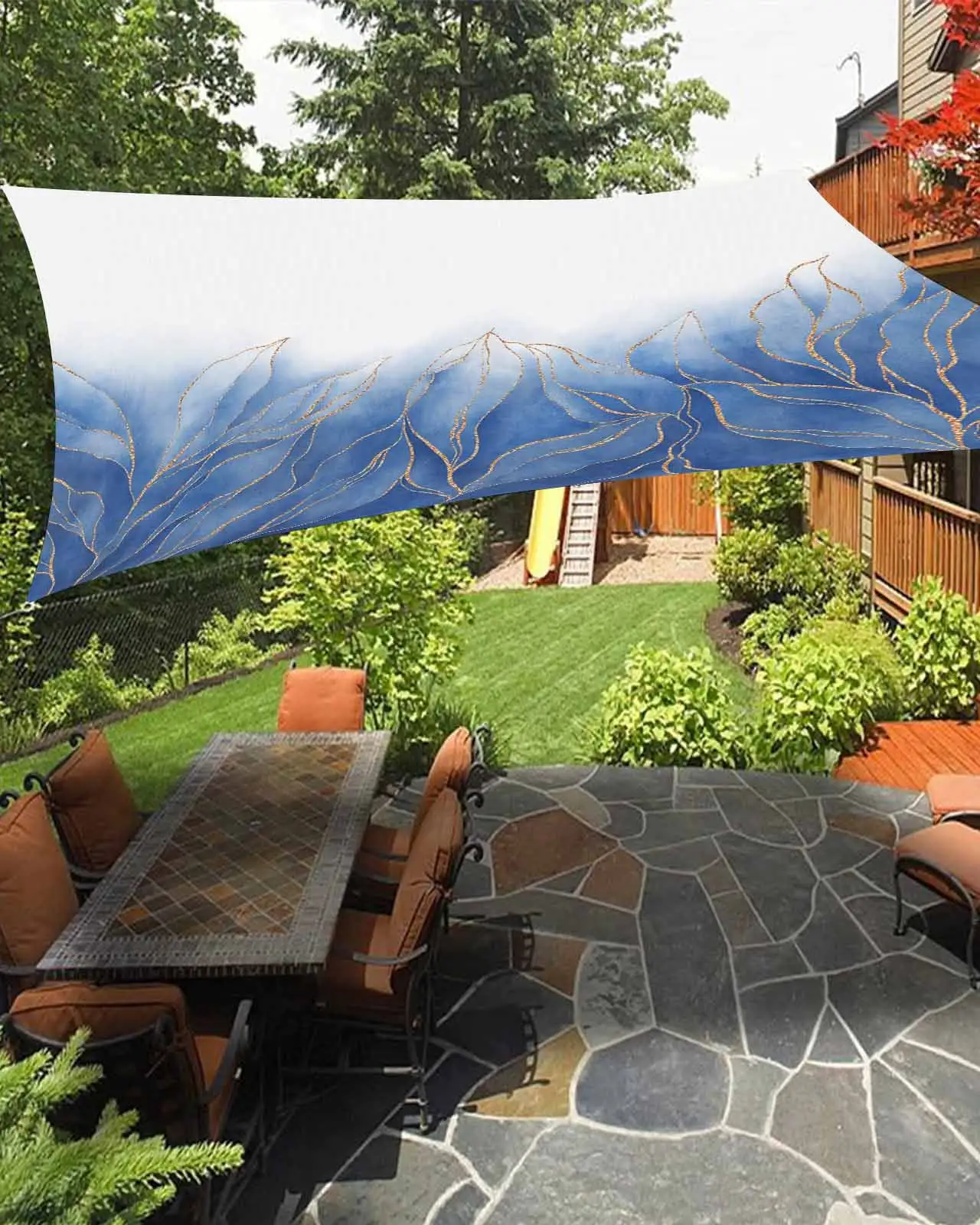 Sun Shade Sail 6.5x10Ft Navy Blue Gradient Leaves Gold Lines Abstract Art Uv Block Sunshade Canopy Outdoor Shade Cover Rectangle Shade Cloth For Patio Garden Yard Deck Pergola