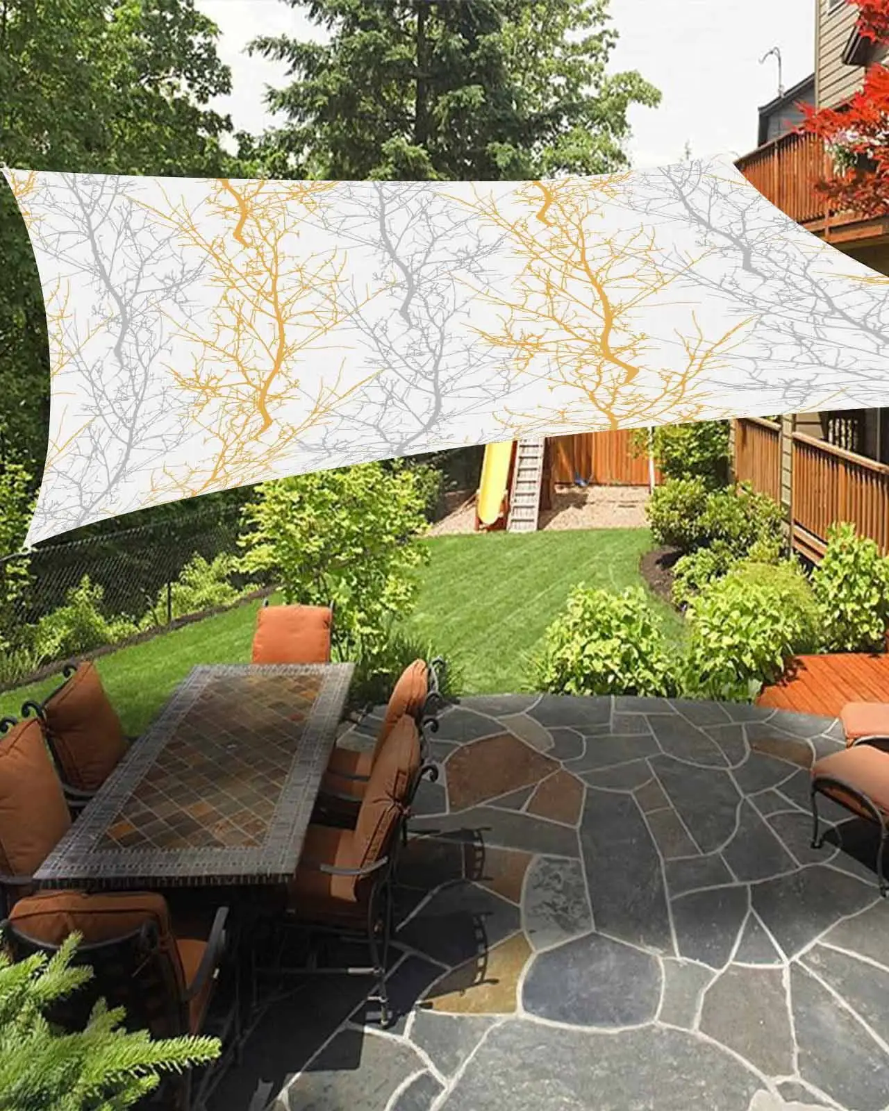 Sun Shade Sail 6.5x10Ft Orange Grey Tree Branch Uv Block Sunshade Canopy Outdoor Shade Cover Rectangle Shade Cloth For Patio Garden Yard Deck Pergola