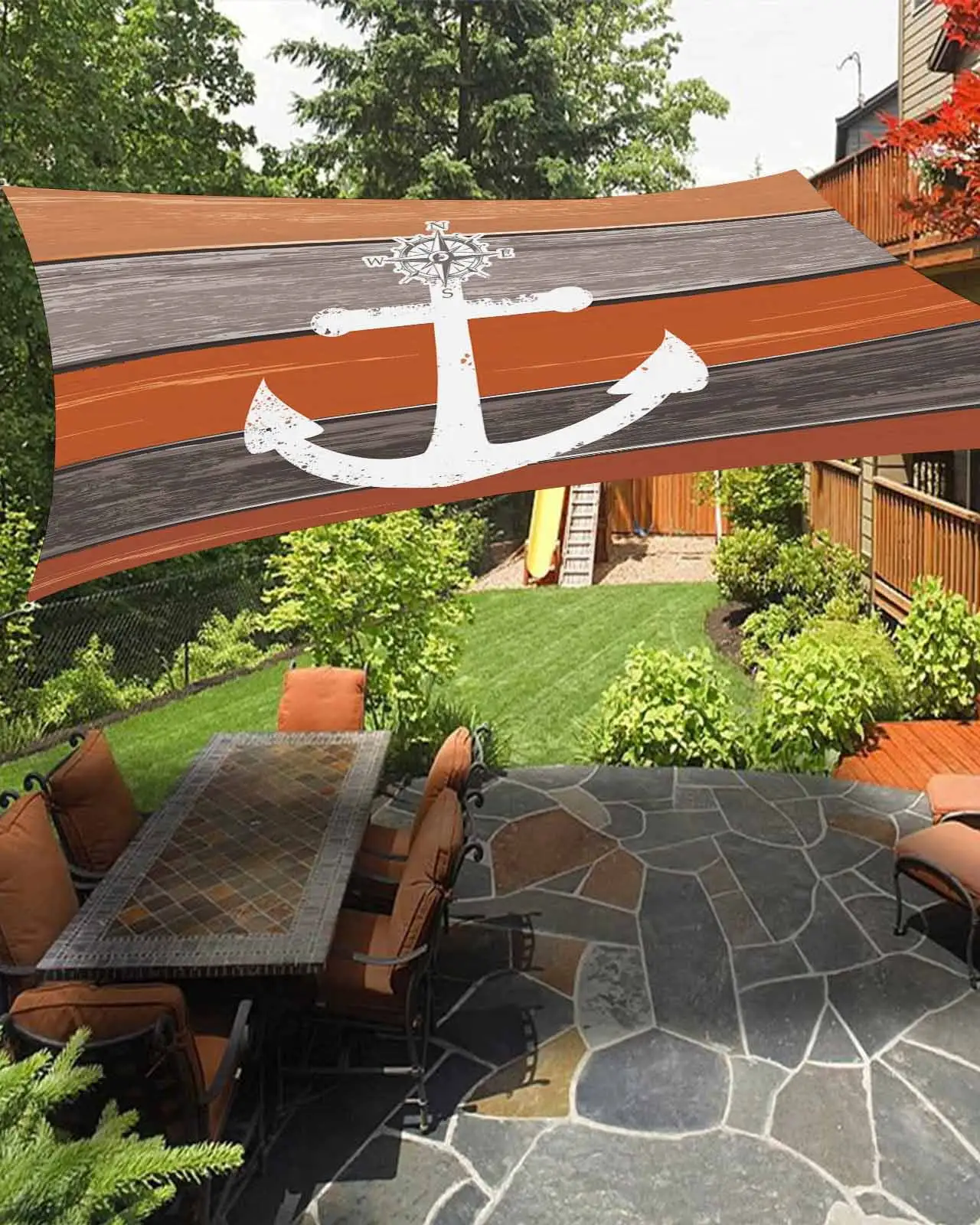 Sun Shade Sail 6.5x10Ft Orange and Grey Wood Grain Anchor Uv Block Sunshade Canopy Outdoor Shade Cover Rectangle Shade Cloth For Patio Garden Yard Deck Pergola