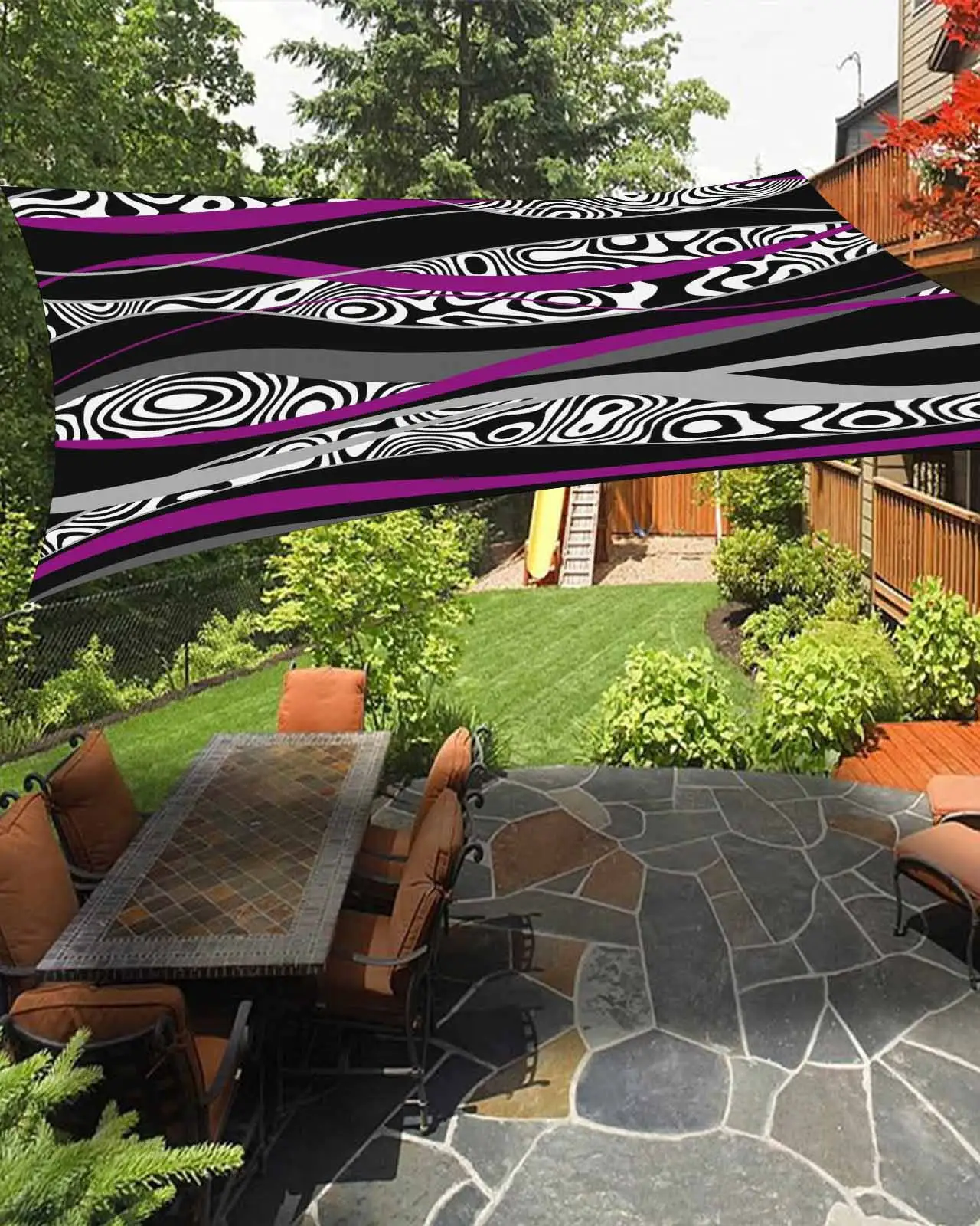 Sun Shade Sail 6.5x10Ft Purple Black Grey Abstrasct Wavy Stripes Uv Block Sunshade Canopy Outdoor Shade Cover Rectangle Shade Cloth For Patio Garden Yard Deck Pergola