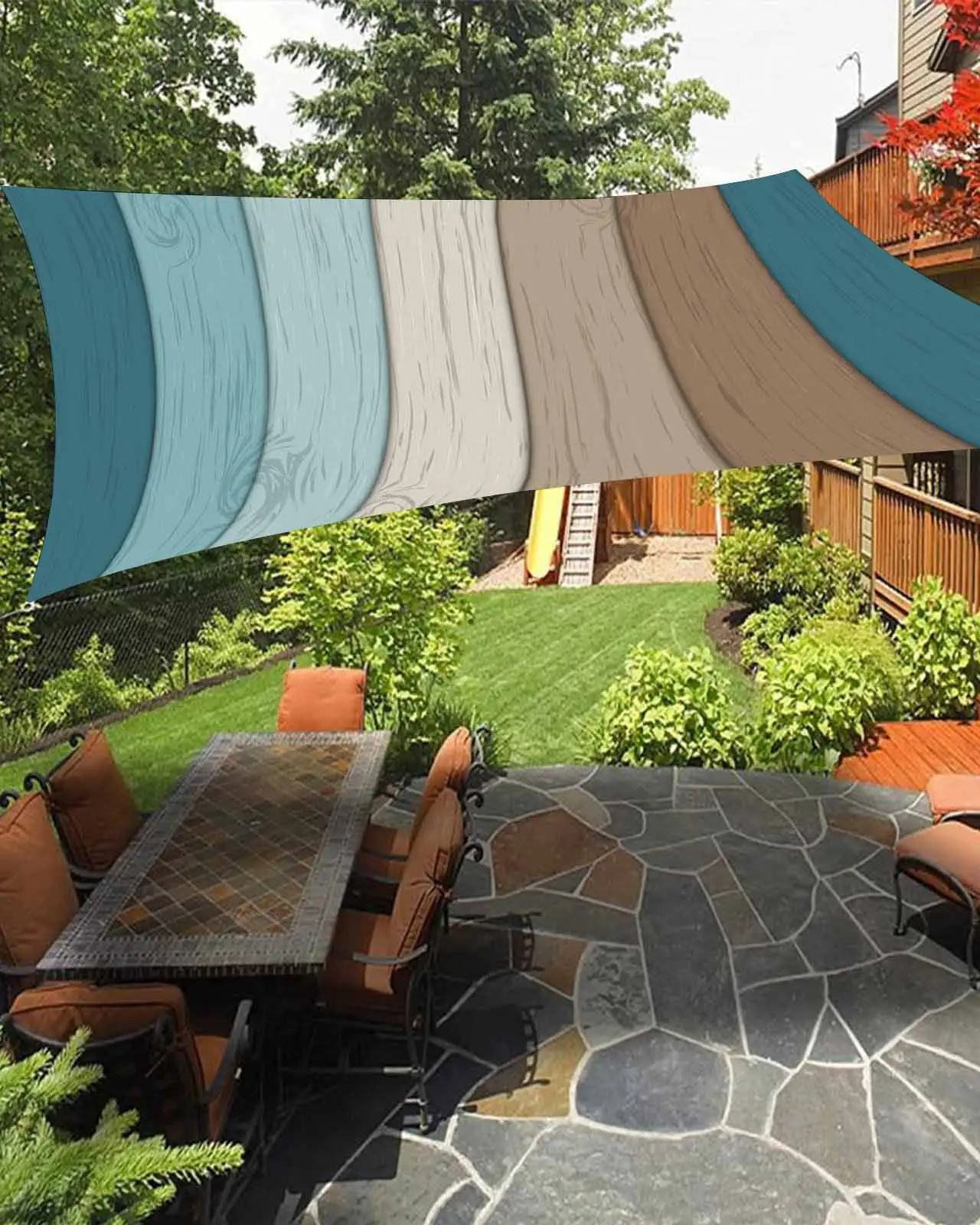 Sun Shade Sail 6.5x10Ft Retro Farmhouse Blue Green Brown Ombre Wood Grain Uv Block Sunshade Canopy Outdoor Shade Cover Rectangle Shade Cloth For Patio Garden Yard Deck Pergola