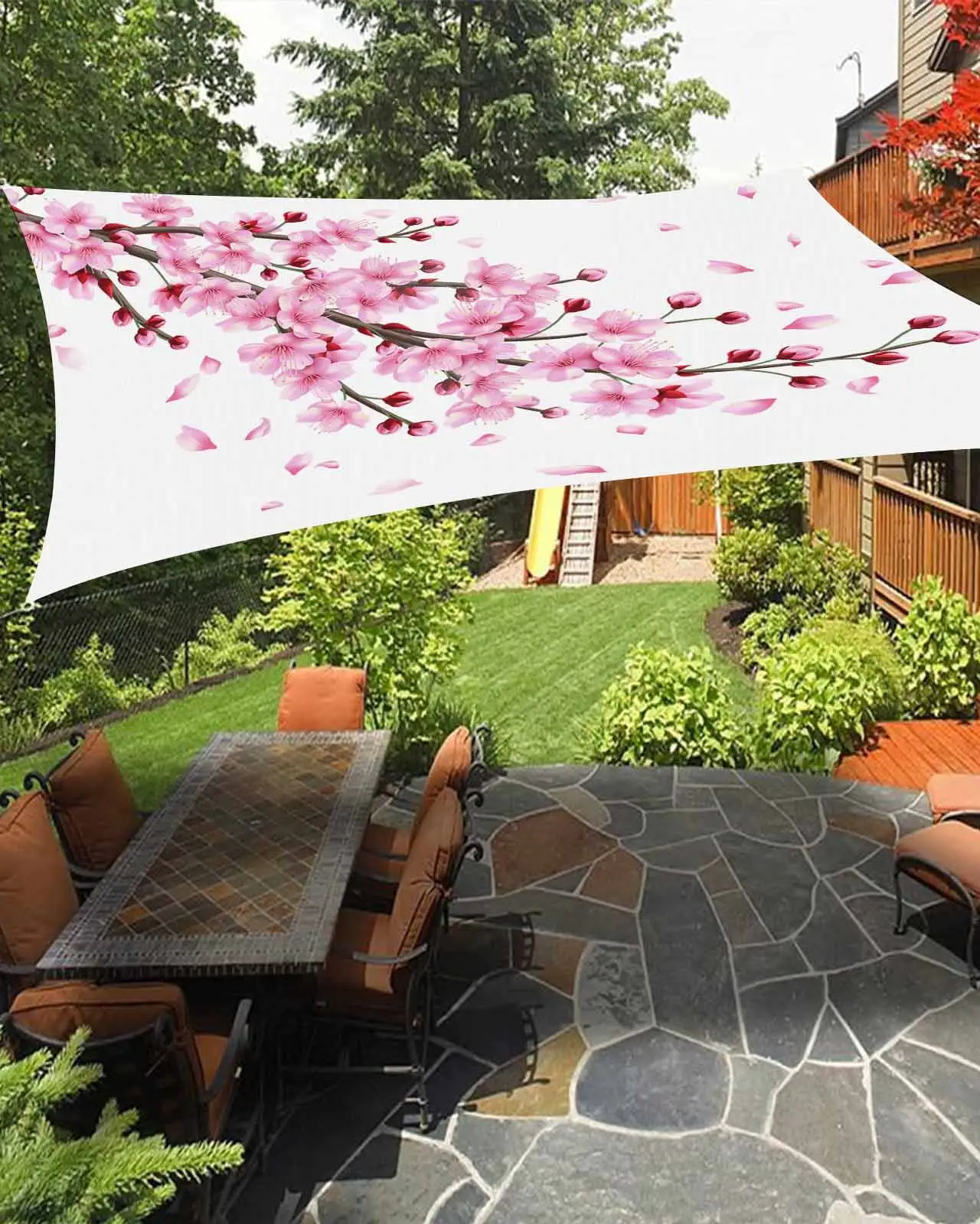 Sun Shade Sail 6.5x10Ft Spring Pink Cherry Blossoms Branches Uv Block Sunshade Canopy Outdoor Shade Cover Rectangle Shade Cloth For Patio Garden Yard Deck Pergola