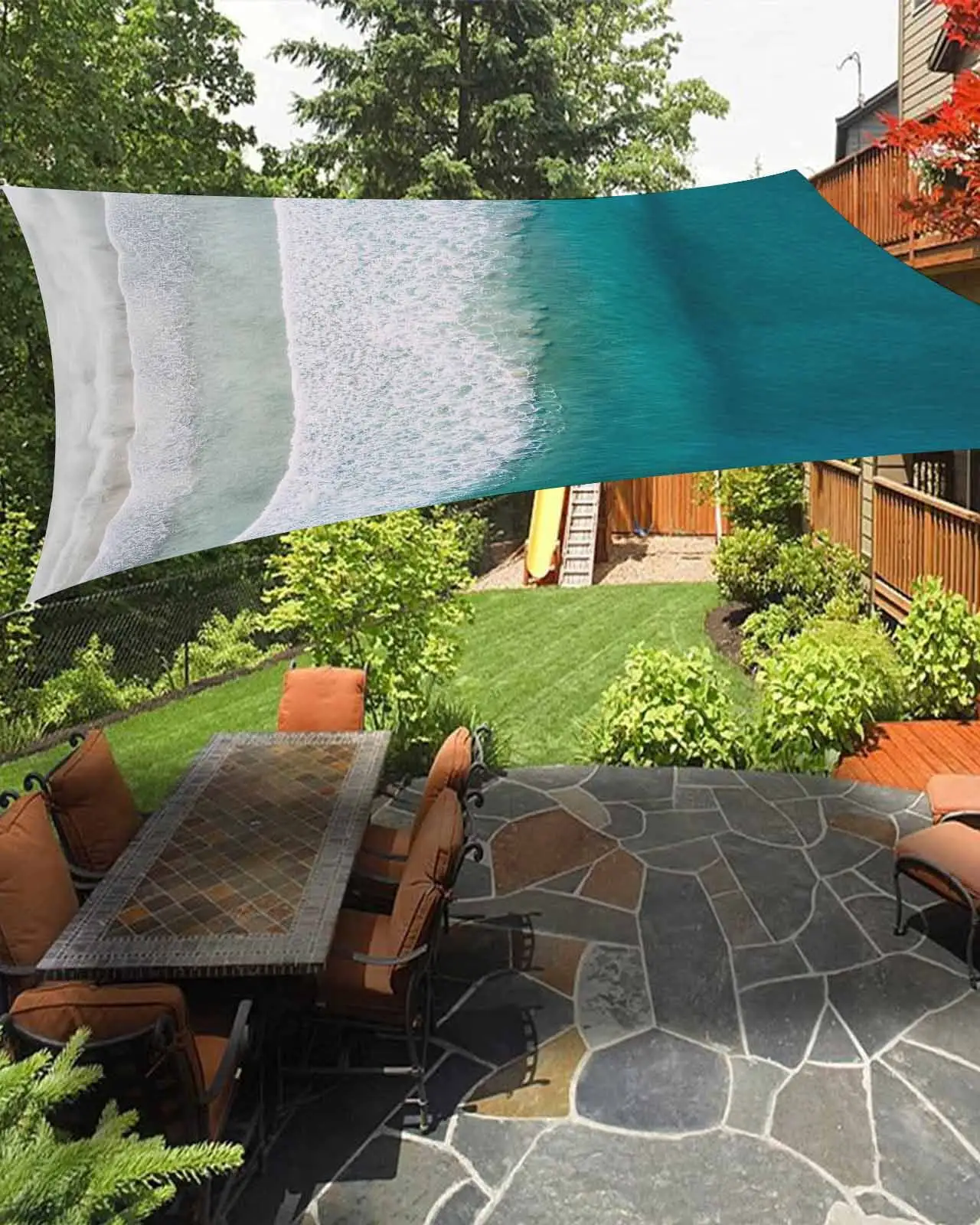 Sun Shade Sail 6.5x10Ft Summer Beach Teal Turquoise Wave Gradient Uv Block Sunshade Canopy Outdoor Shade Cover Rectangle Shade Cloth For Patio Garden Yard Deck Pergola