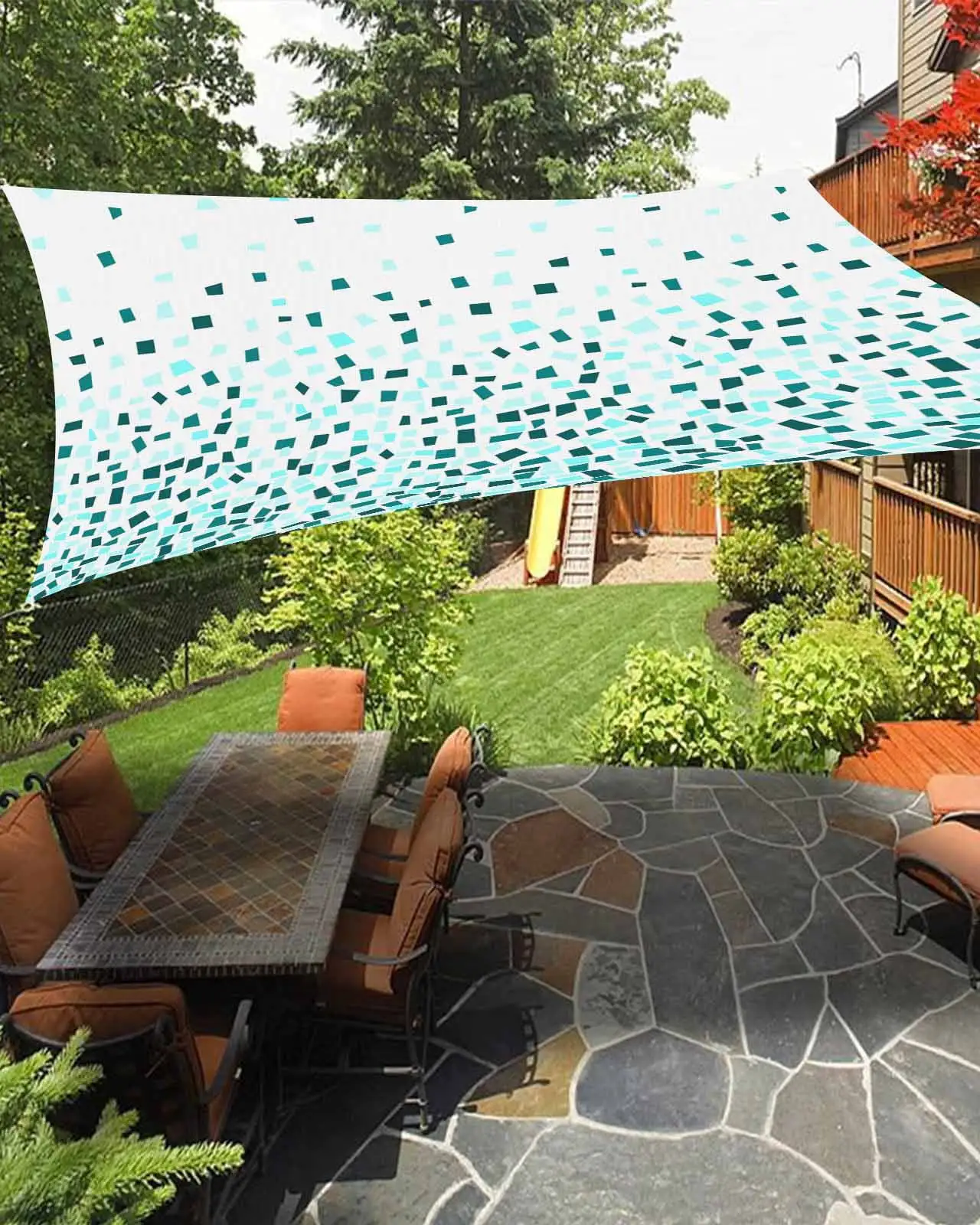 Sun Shade Sail 6.5x10Ft Teal Gradient Geometic Pattern Uv Block Sunshade Canopy Outdoor Shade Cover Rectangle Shade Cloth For Patio Garden Yard Deck Pergola