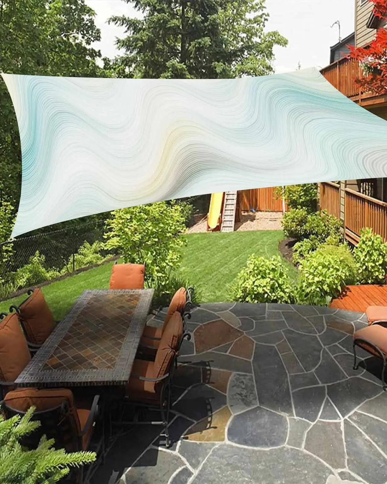 Sun Shade Sail 6.5x10Ft Teal Green Gradient Lines Ripples Abstract Art Uv Block Sunshade Canopy Outdoor Shade Cover Rectangle Shade Cloth For Patio Garden Yard Deck Pergola