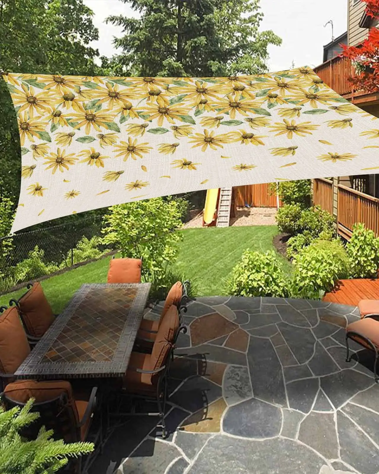 Sun Shade Sail 6.5x10Ft Vintage Flowers Yellow Daisy Burlap Uv Block Sunshade Canopy Outdoor Shade Cover Rectangle Shade Cloth For Patio Garden Yard Deck Pergola