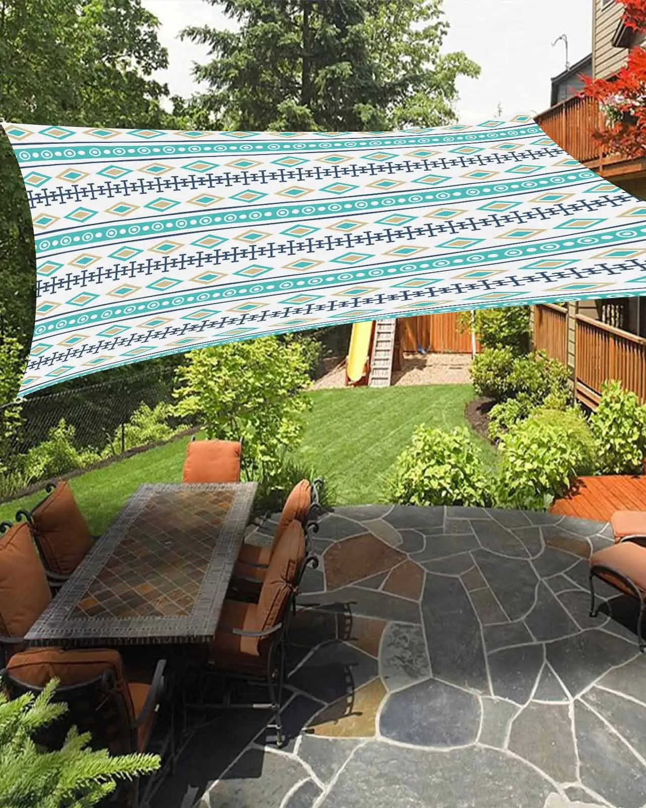 Sun Shade Sail 8x10Ft Bohemian Geometric Pattern Blue Teal Striped Rhombus Uv Block Sunshade Canopy Outdoor Shade Cover Rectangle Shade Cloth For Patio Garden Yard Deck Pergola