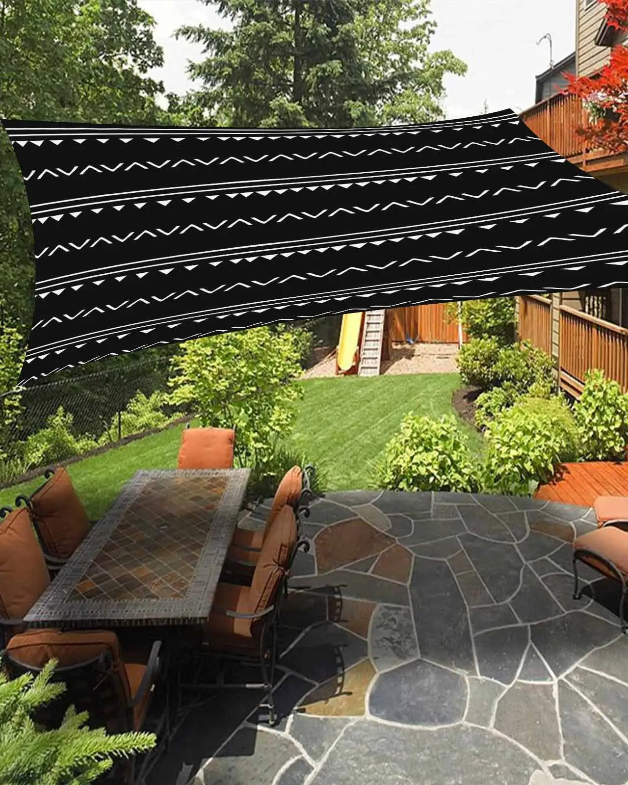 Sun Shade Sail 8x10Ft Boho Style Black Geometric Stripe Triangle Pattern Uv Block Sunshade Canopy Outdoor Shade Cover Rectangle Shade Cloth For Patio Garden Yard Deck Pergola