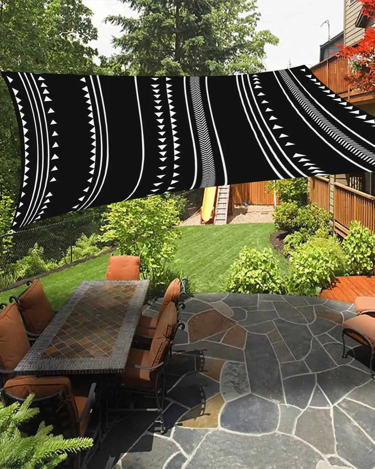 Sun Shade Sail 8x10Ft Boho Style Geometric Stripe Triangle Pattern Black Uv Block Sunshade Canopy Outdoor Shade Cover Rectangle Shade Cloth For Patio Garden Yard Deck Pergola