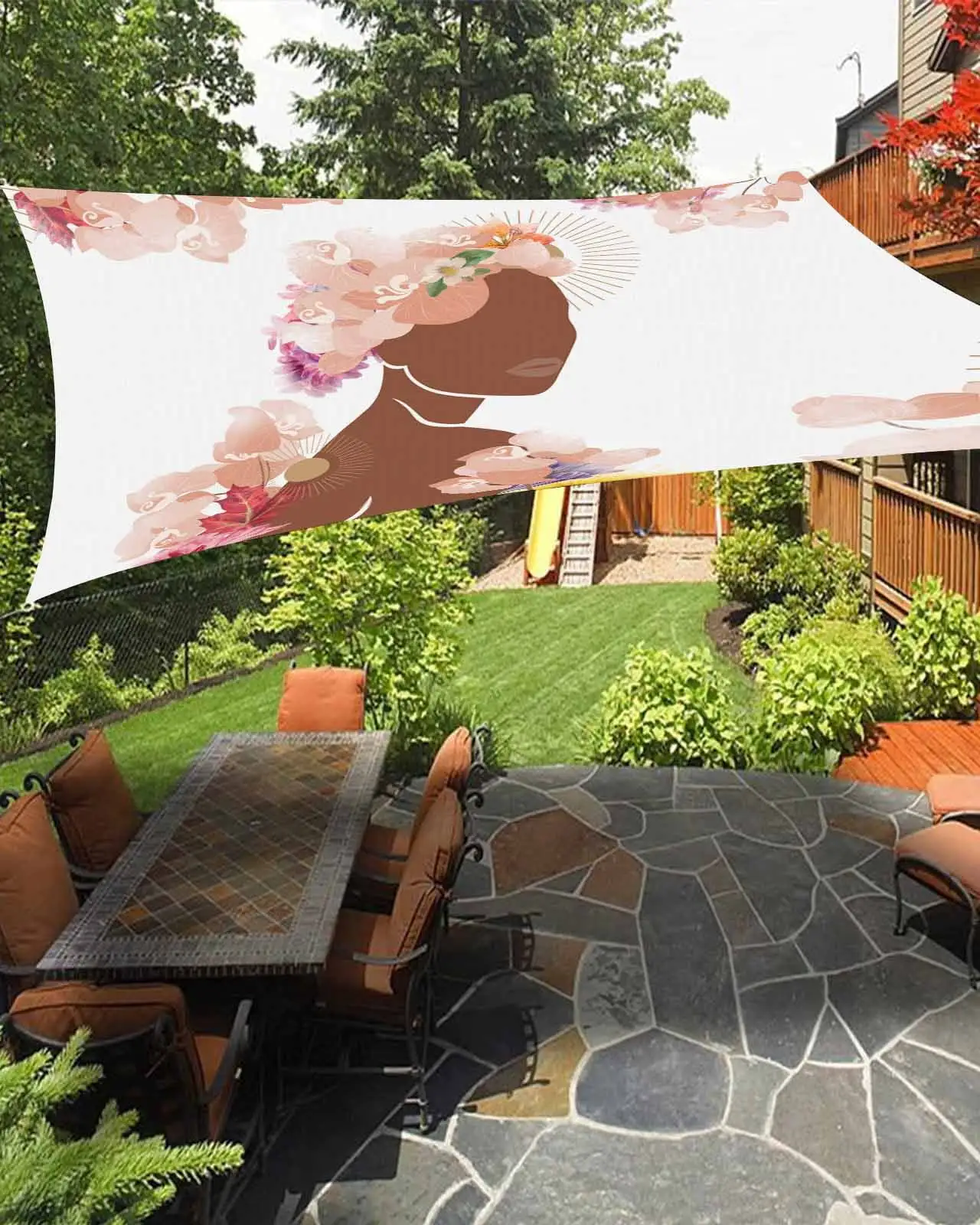 Sun Shade Sail 8x10Ft Boho Women Silhouettes with Beige Flowers Uv Block Sunshade Canopy Outdoor Shade Cover Rectangle Shade Cloth For Patio Garden Yard Deck Pergola