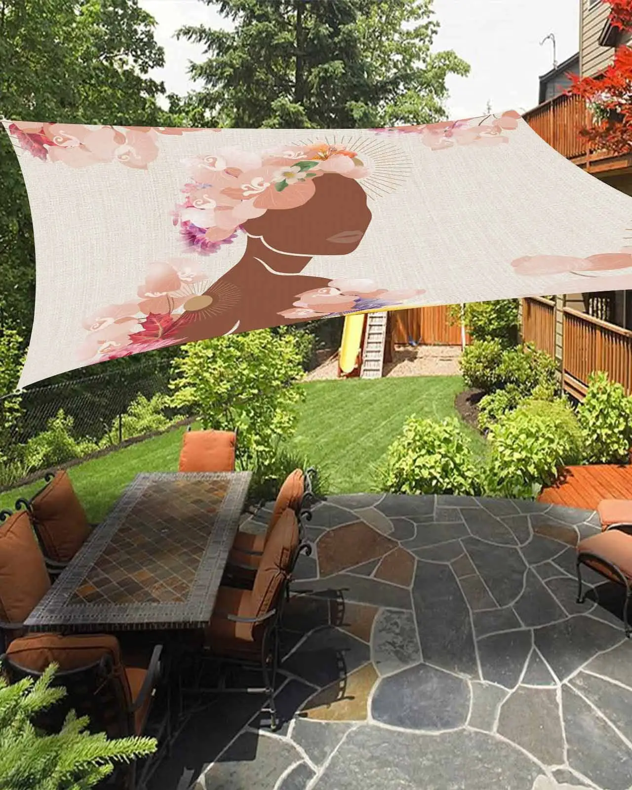 Sun Shade Sail 8x10Ft Boho Women Silhouettes with Beige Flowers Vintage Linen Uv Block Sunshade Canopy Outdoor Shade Cover Rectangle Shade Cloth For Patio Garden Yard Deck Pergola