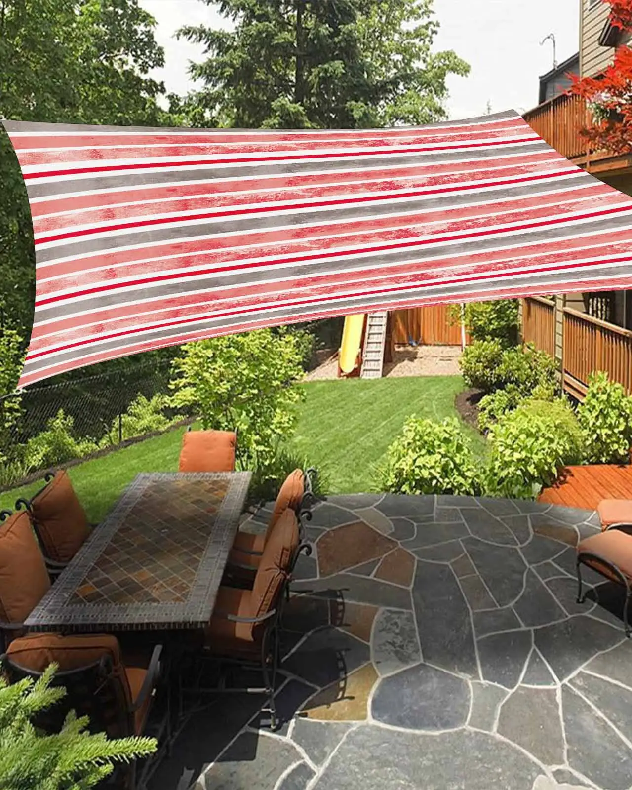 Sun Shade Sail 8x10Ft Colorful Stripe Coral Gray and White Retro Texture Uv Block Sunshade Canopy Outdoor Shade Cover Rectangle Shade Cloth For Patio Garden Yard Deck Pergola